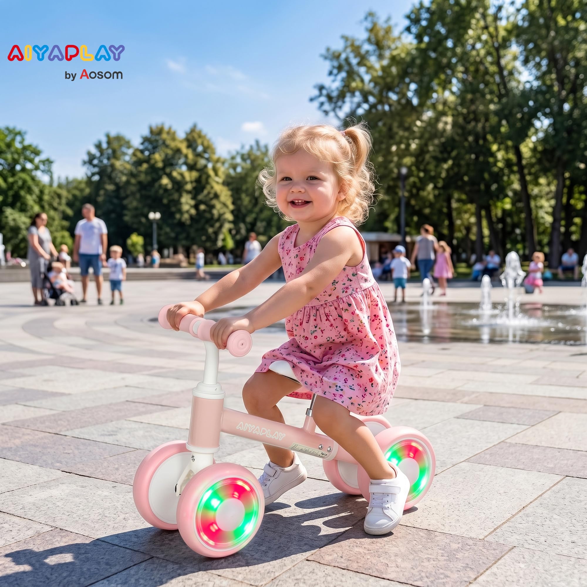 AIYAPLAY rowerek biegowy dla dzieci 1-2 lata, świecące kółka, regulowane siedzisko, 4 ciche koła EVA, różowy