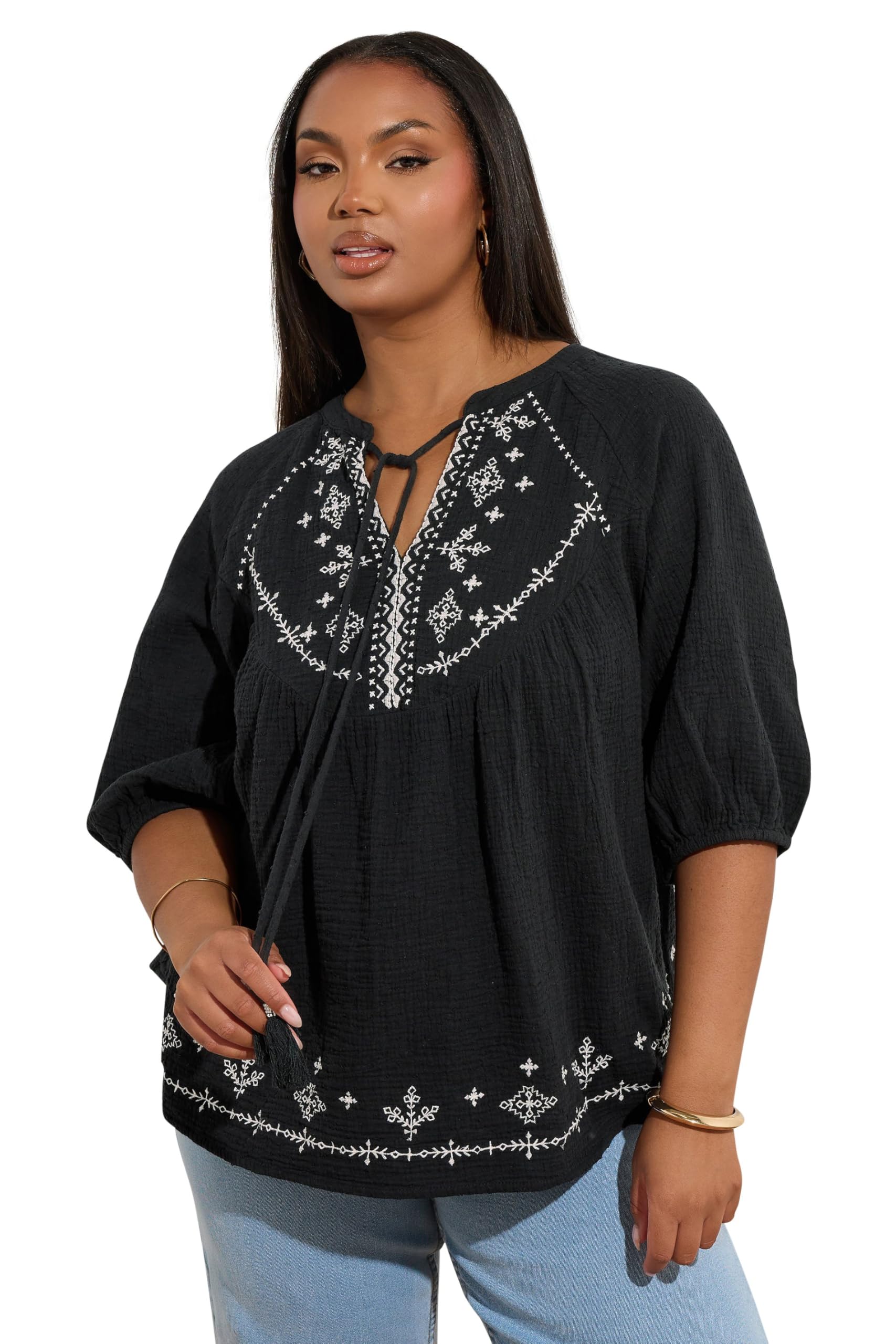 Yours Women's Black Curve Embroidered Tie Front Blouse - Plus Size Curve