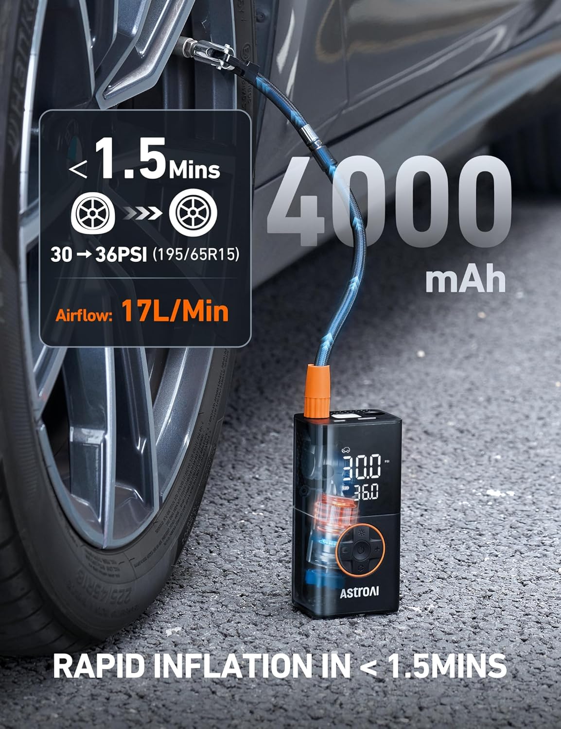 AstroAI L7 Tire Inflator Portable Air Compressor Cordless Mini Bike Pump with Digital Dual Values Display, 150 PSI Car Tires Air Pump with LED Lights&Pressure Gauge for Auto, Motorcycles, Bikes, Balls - Image 6
