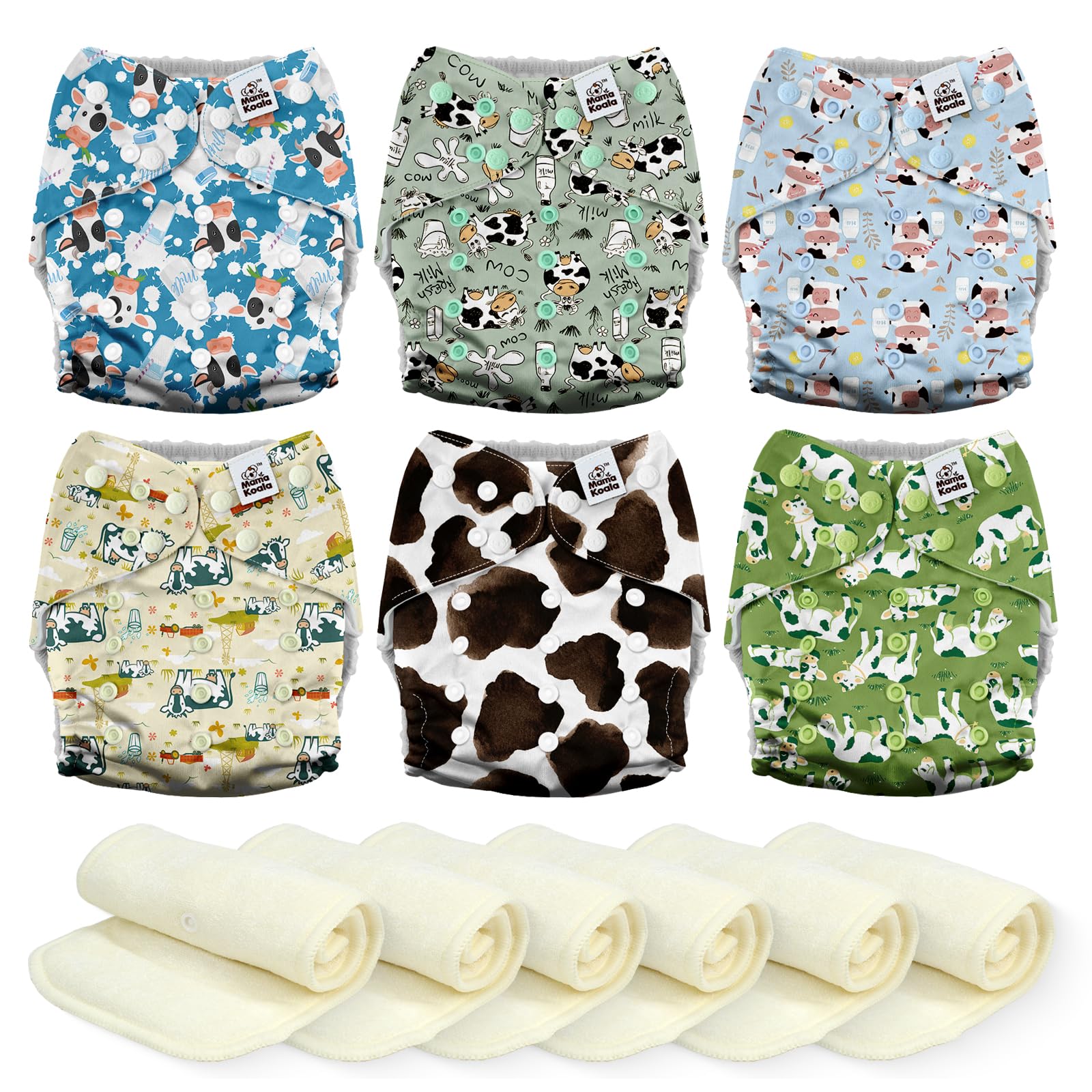 Mama Koala 6 Pack Reusable Cloth Diapers 3.0 for Babies Girls Newborn, One-Size Adjustable Baby Diaper, Durable Stitching, Back Opening for Inserts, Breathable Awj Lining, Leak Prevention-Happy Moo