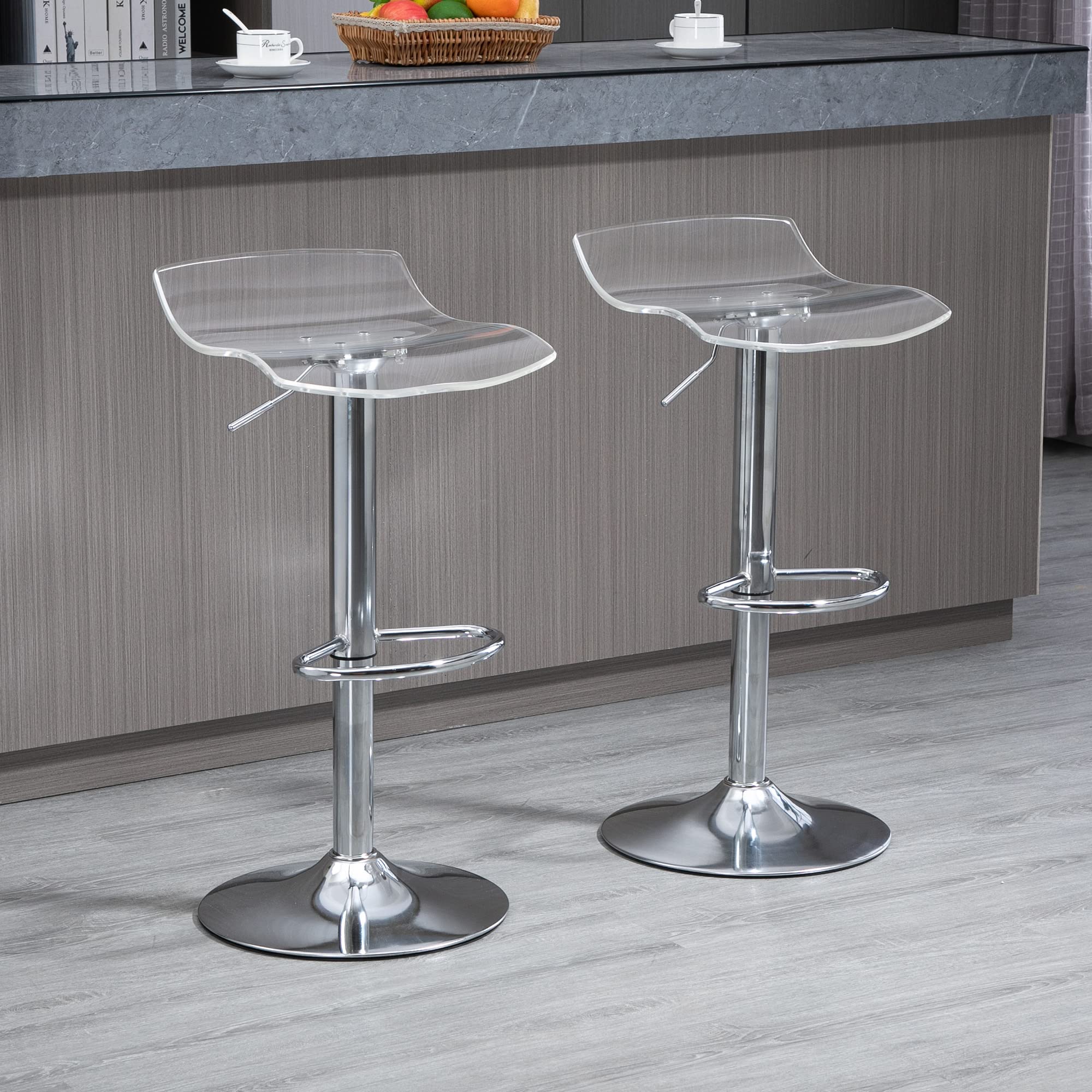 HOMCOM Set 2 Sgabelli da Bar con Altezza Regolabile, Sgabelli da Cucina Alti con Seduta Girevole e Poggiapiedi in Metallo e Acrilico, 39x39x67-87 cm, Trasparente