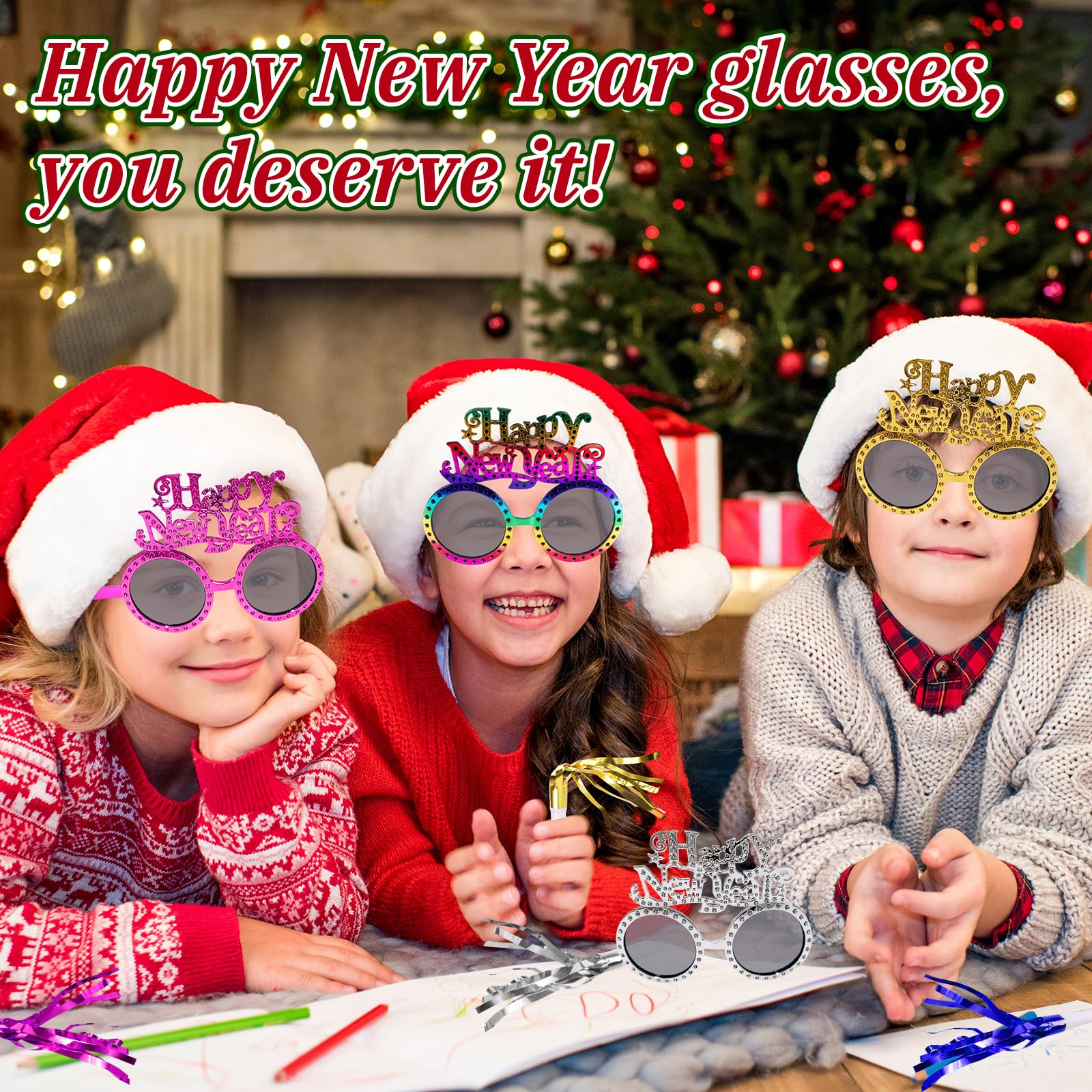 16 piezas de suministros para fiestas de Año Nuevo 2026, incluyendo lentes de feliz año nuevo y fabricantes de ruido con flecos metálicos 2026, gafas de sol divertidas de plástico para Año Nuevo