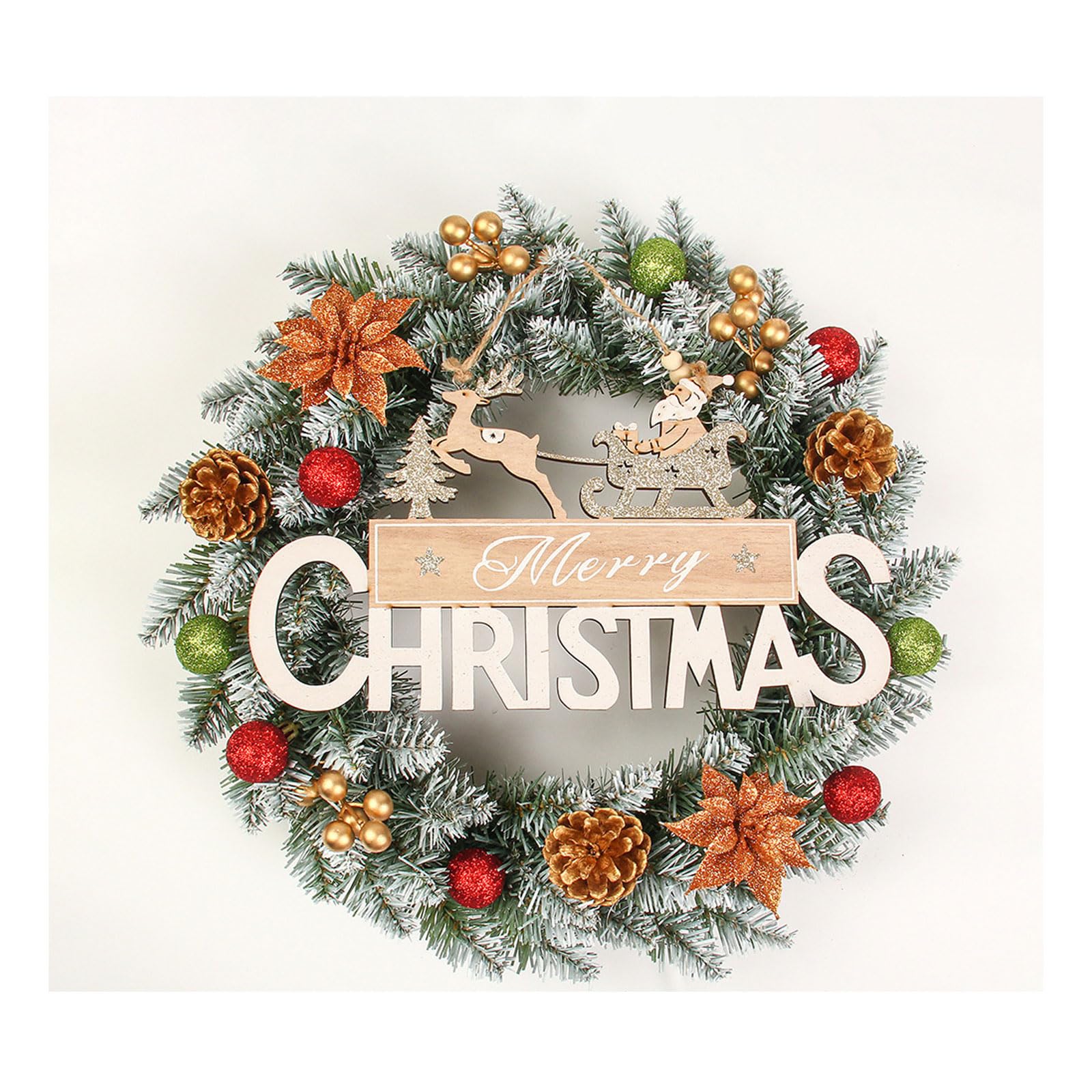 Corona de Navidad artificial preiluminada de 24 pulgadas, coronas de Navidad para puerta delantera, bayas esmeriladas decoradas con pino mixto, piñas, luces LED, decoración navideña para puerta