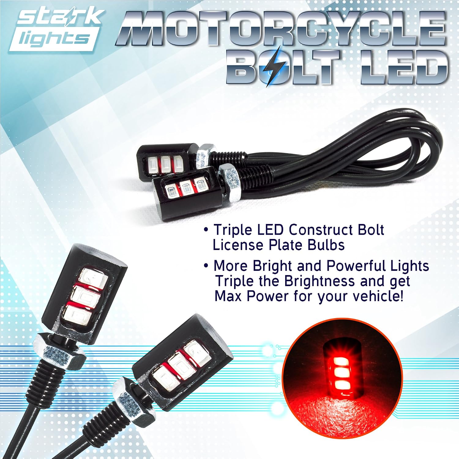 Car/Motorcycle License LED Bolt Screw - Triple Row SMD - High Power License Plate LED Light - Red