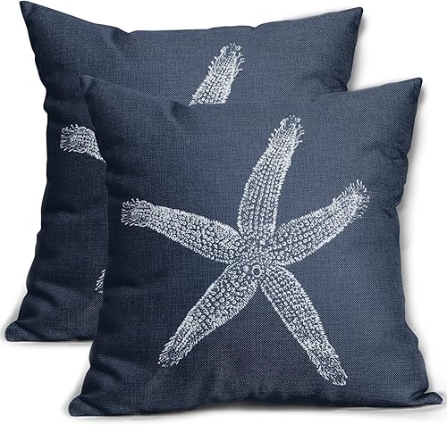 Juego de 2 fundas de almohada con diseño de estrella de mar azul marino de 18 x 18 pulgadas, decoración del hogar para dormitorio, sala de estar,