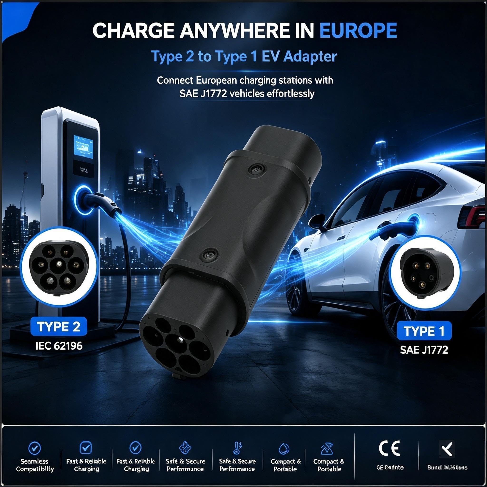 Adattatore di ricarica da tipo 2 a tipo 1, da IEC 62196 a SAE J1772, per auto elettriche, 32 A, 250 V, impermeabile, compatibile con veicoli di tipo 1 su stazioni di ricarica europee