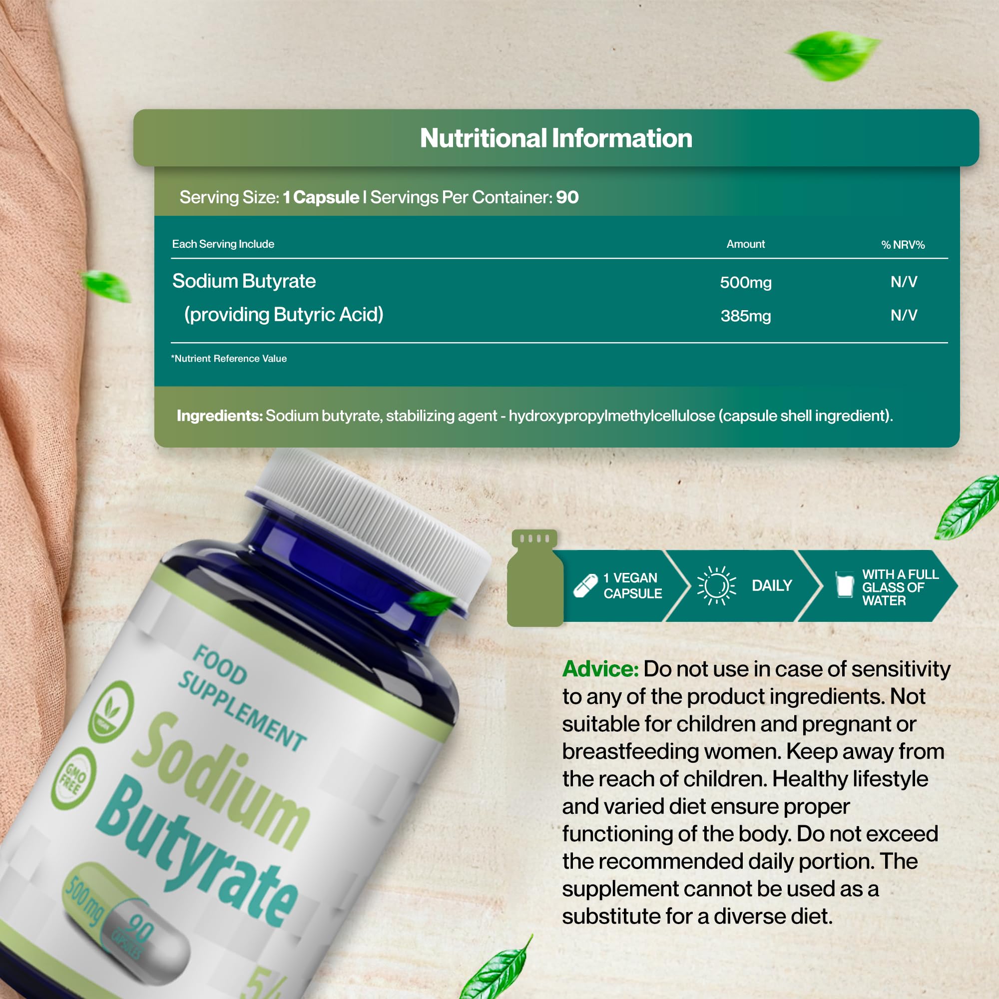 Hepatica Maślan Sodu 500 mg | Dostarcza 385 mg Kwasu Masłowego | 90 Kapsułek Wegańskich | Zapas na 3 Miesiące | GMP & badany laboratoryjnie