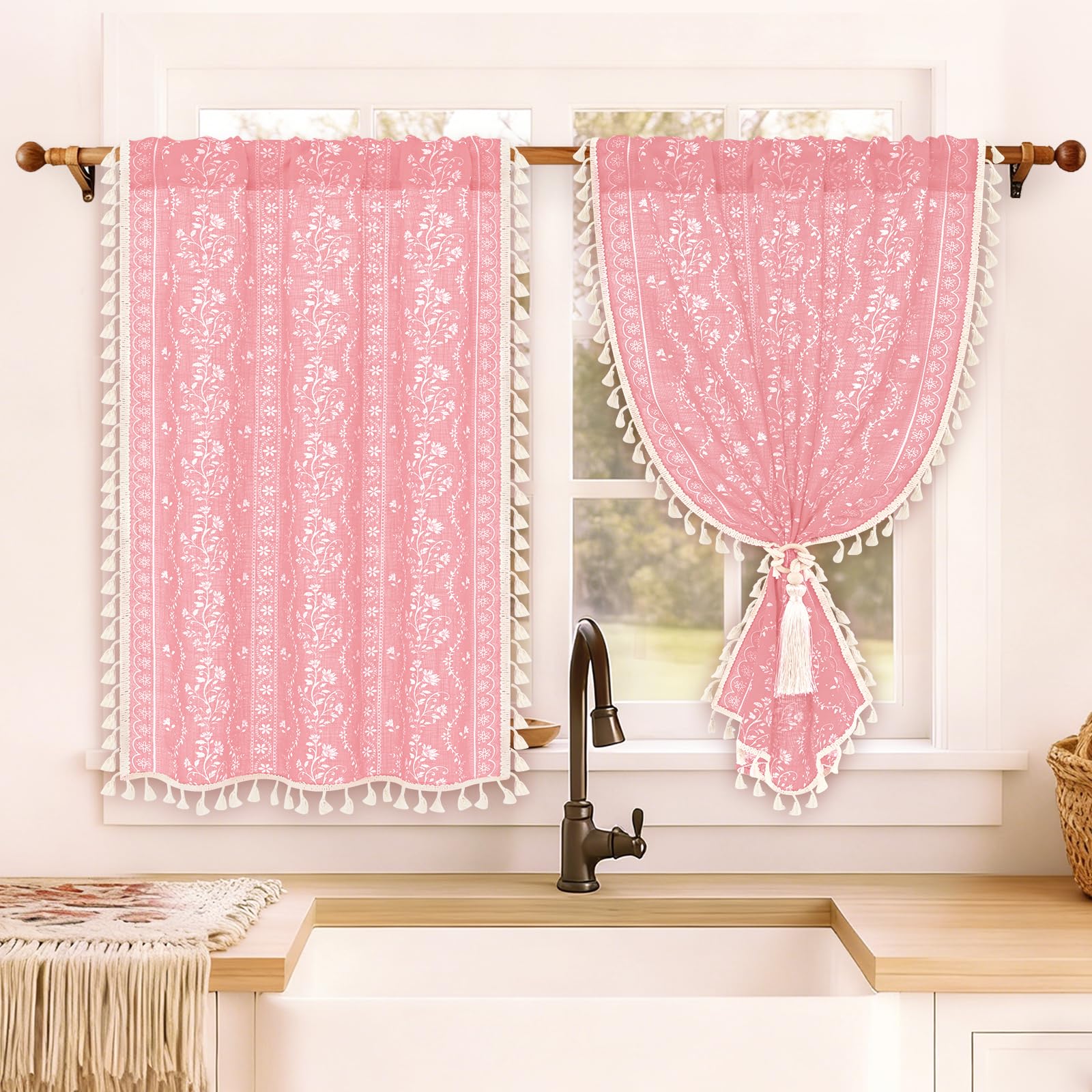 Yinhua Boho Kitchen Curtains 36 Inch Length Vintage Linen Cafe Curtains Light Filtering Bohemian Floral Tier Rod Pocket Farmhouse Rustic Tassel Small Drapes with Tiebacks, 2 Panels, Pink