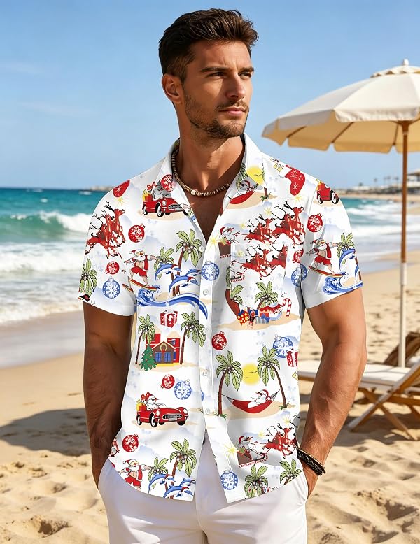 PICKID Christmas in July Shirt for Men Christmas Hawaiian T-Shirt Santa Claus Summer Beach Button Down Tops White by PICKID - Used condition - Image 2