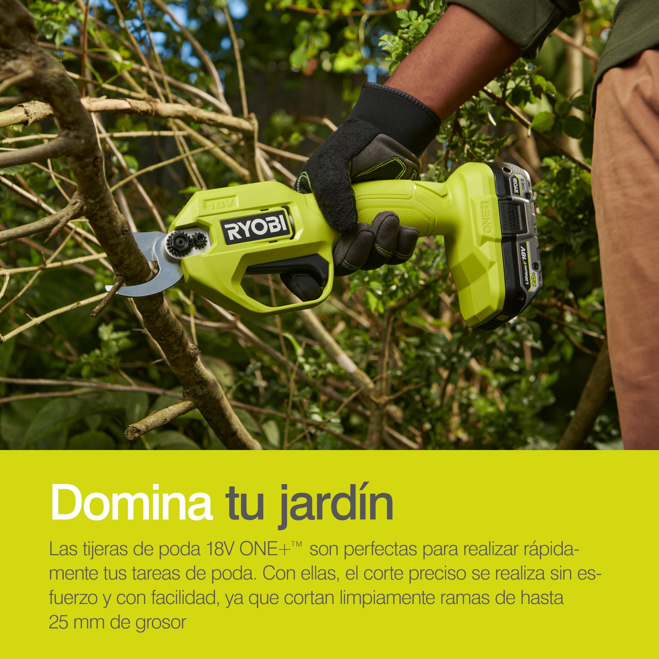 RYOBI - Podadora Inalámbrica 18V One+ 20cm, Peso 0,74kg - Capacidad de Corte 20/25 mm - Corta Tallos, Ramas y Arbustos sin Esfuerzo - hasta 1500 Cortes con Batería 1,5 Ah (No Incluida) - RY18SCA-0