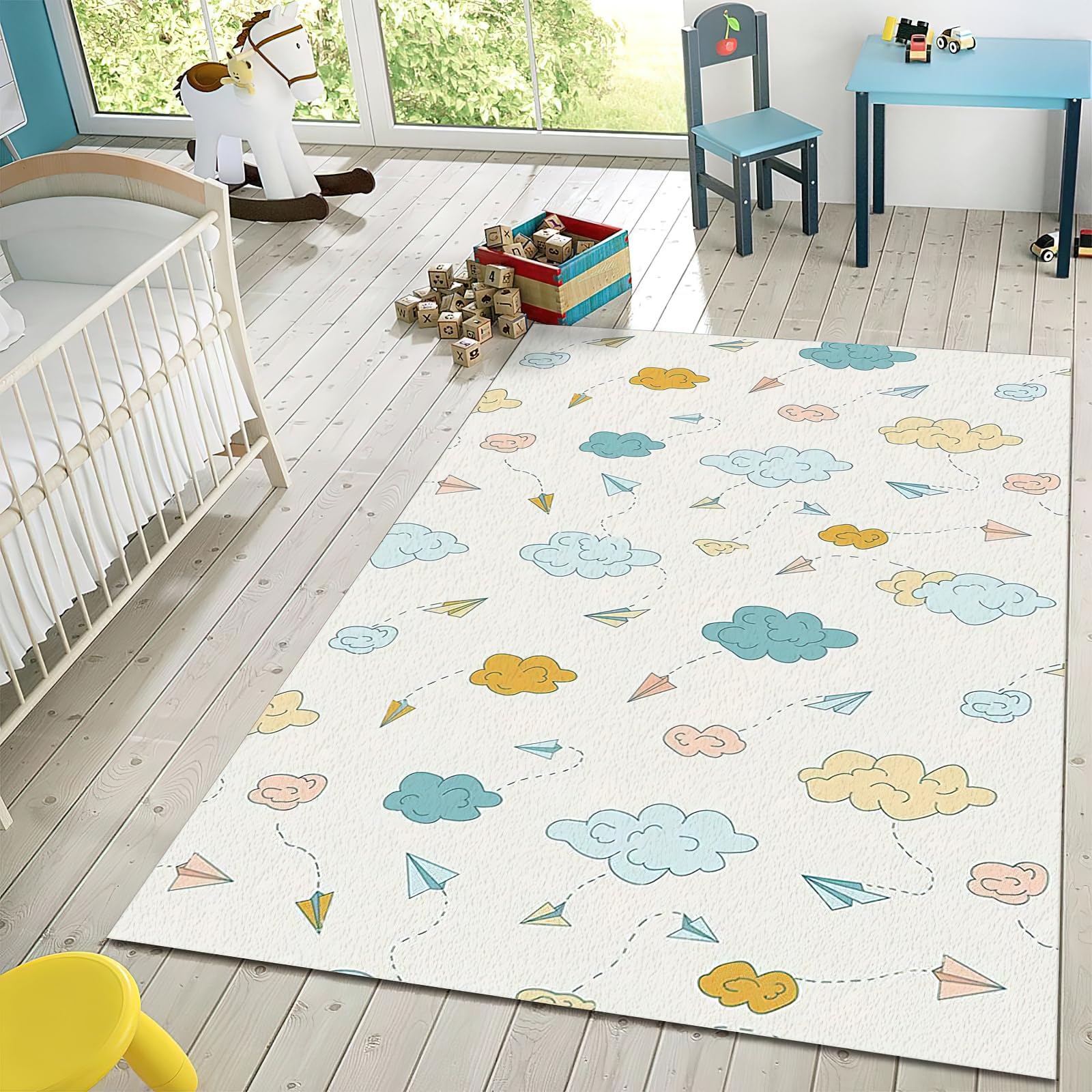 Cloud Paper Airplane Cartoon Area Rug, Modern Minimalist Childlike Non Slip Noise Reduction Kids Rugs, Machine Washable Durable Carpet for Indoor Bedroom Living Room Decor Rug - 4 ft x 6 ft