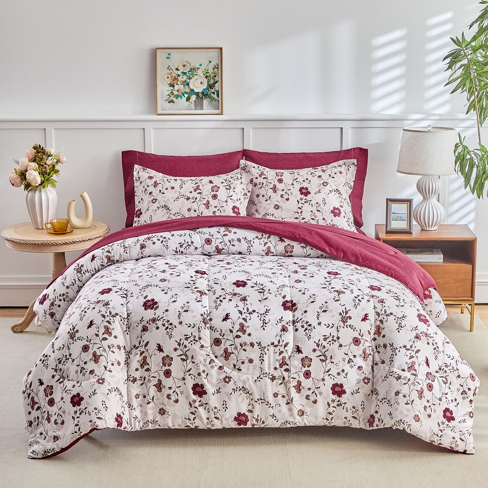 Joyreap King Comforter Set- 7 Pieces Floral Bed in a Bag, Burgundy Red Flowers n Leaves on White Design Comforter Sheet Set, Soft n Cozy Microfiber