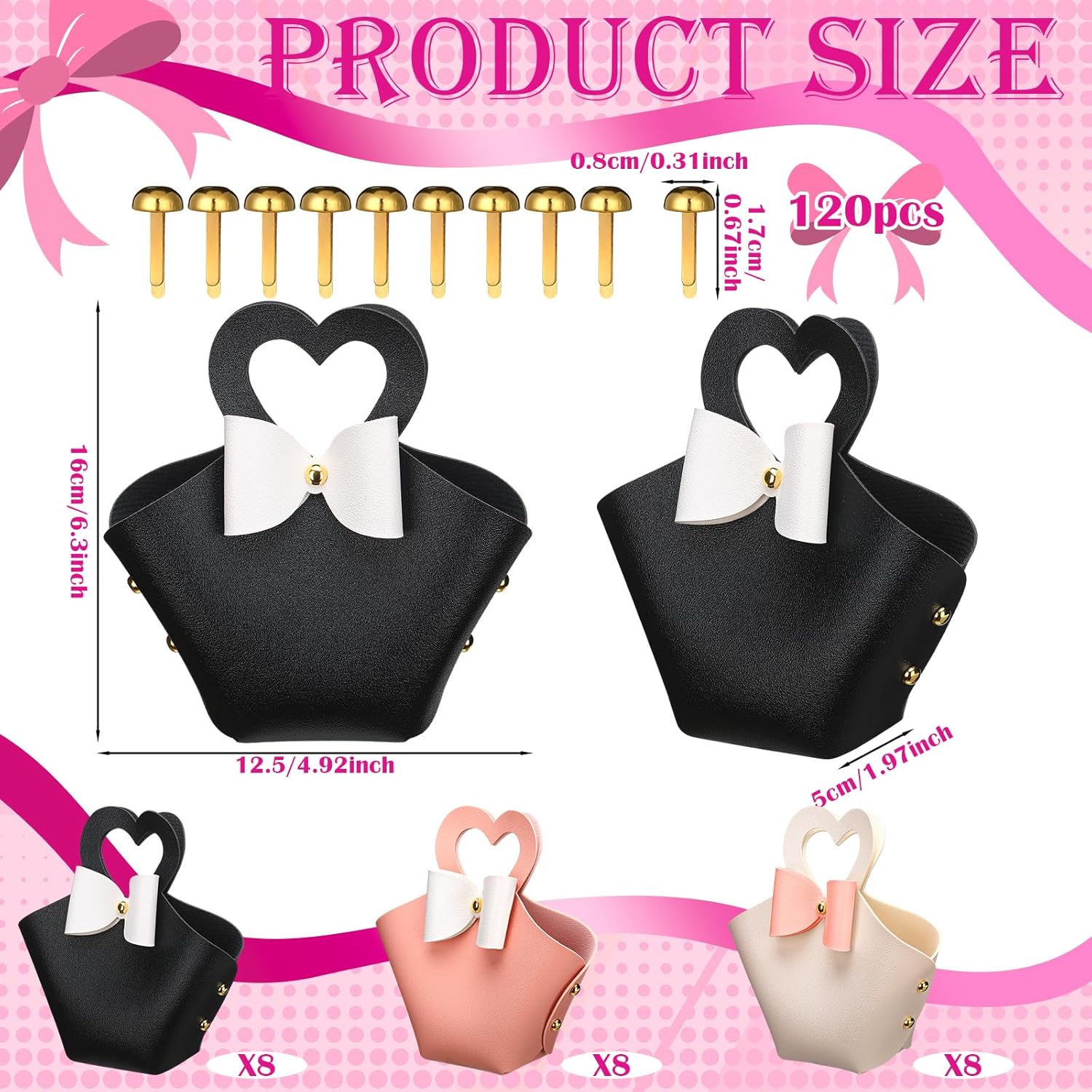 24 Sets Heart Shaped Gift Boxes with Coquette Bow for Women 6.3x4.9x2 Inch Reusable Leather Bowknot Handbag Treat Box Candy Bag with Handle for Mother Day Wedding Baby Shower Favor(Stylish Style)