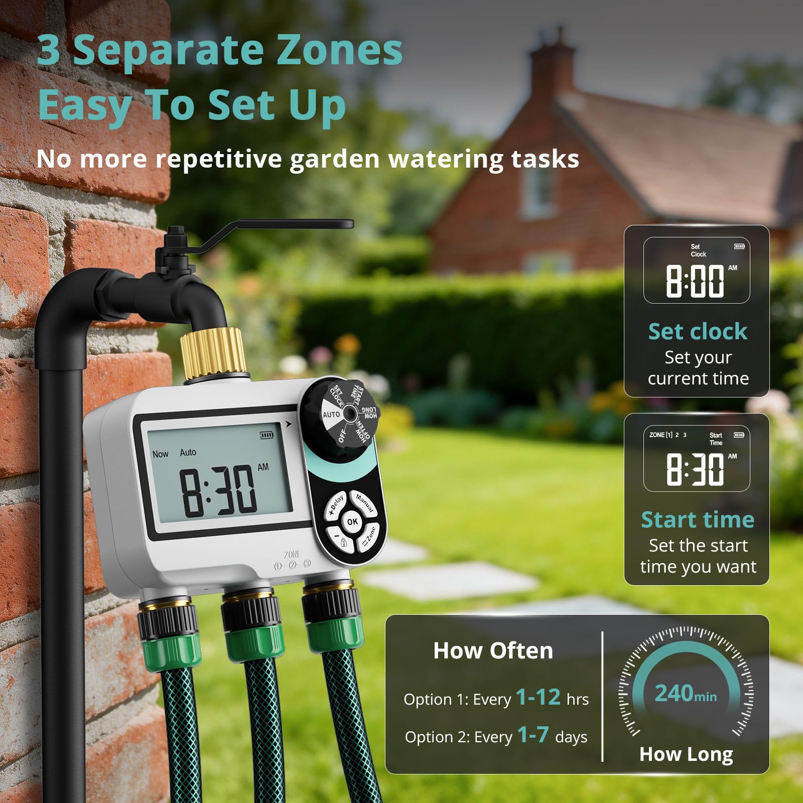 QUOBAS Timer per irrigatore per tubo da giardino, programmabile in ottone, timer digitale dell'acqua con blocco bambini, ritardo pioggia/auto/manuale, 3 modalità, grande schermo impermeabile