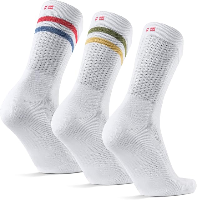 DANISH ENDURANCE Tennis Crew Socks 3-pack White Multicolor (1x Green/Yellow Stripes, 1x Red/Blue Stripe, 1x White) 43-47