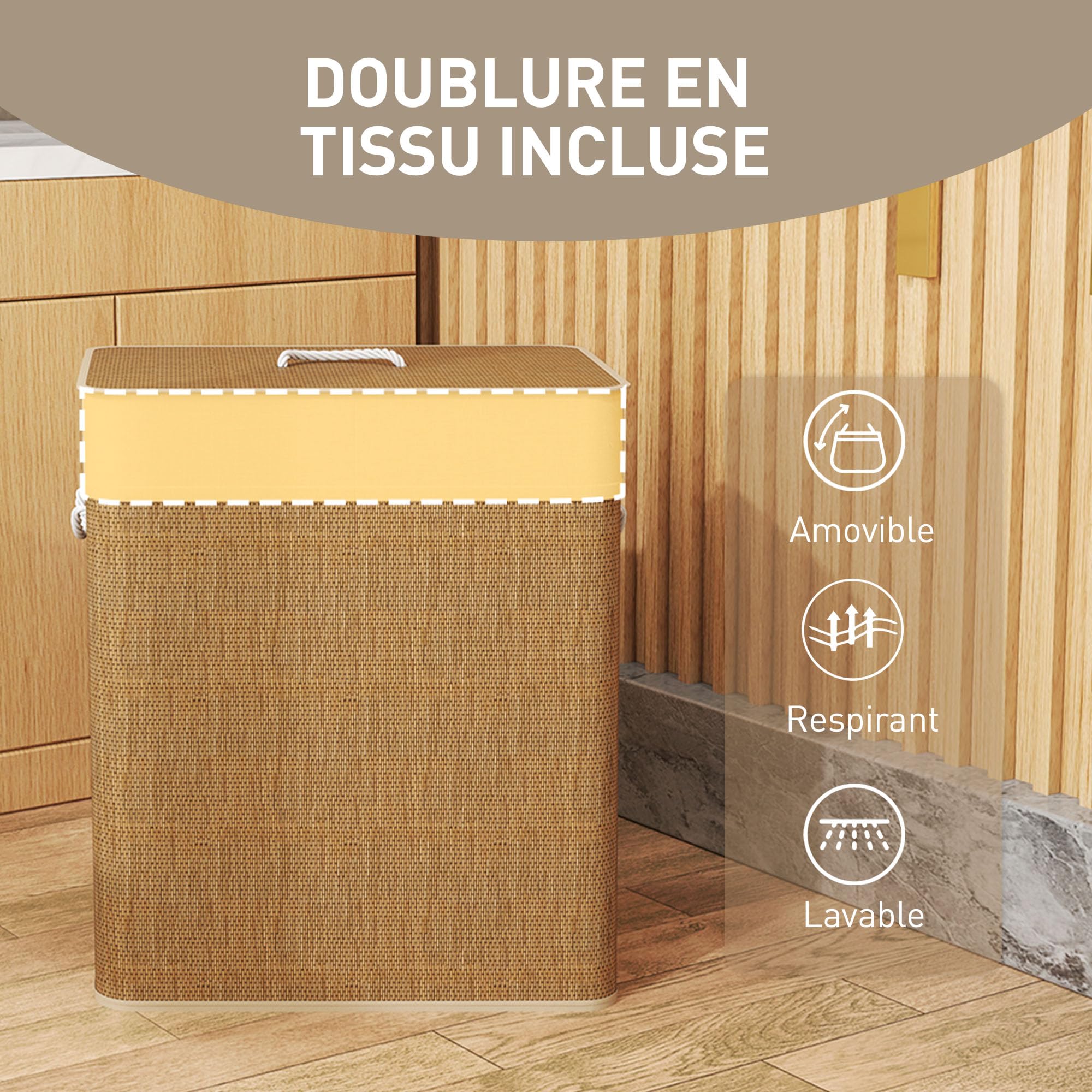 HOMCOM Panier à Linge avec 2 Compartiments 100 L, Corbeille à Linge Sale en Bambou avec Couvercle, Poignées en Corde, Doublure Amovible pour Salle de Bain, Chambre à Coucher, Buanderie, Marron