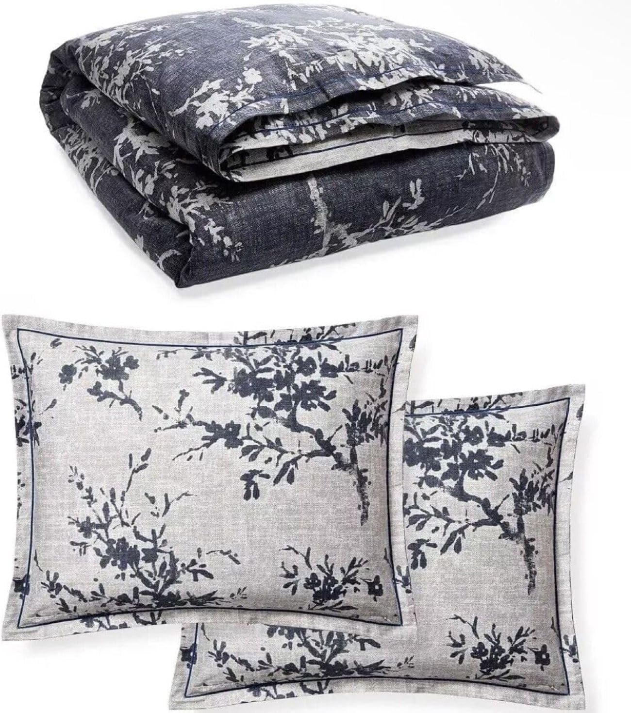 Lauren Ralph Lauren Navy Grey Eva Leaf Floral Botanical 3 pc Queen Comforter Set Luxurious 100% Cotton Smooth Sateen Hand. Navy Reversible to Grey.