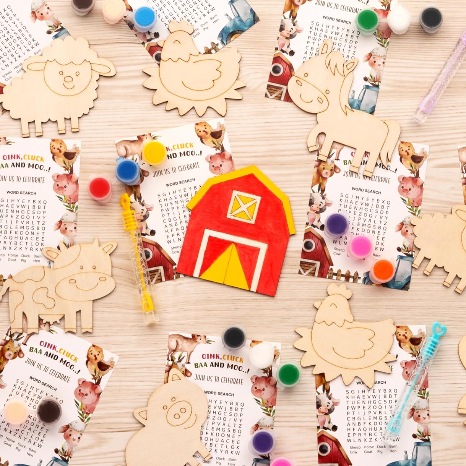 GEECOZYLIFE Farm Party Favors - 12 PCS Farm Animals with Art Supplies - Farm Barnyard Wooden Painting Kit with Bubble Wands - Kids Birthday Boys Girls Gifts Bulk - Image 3