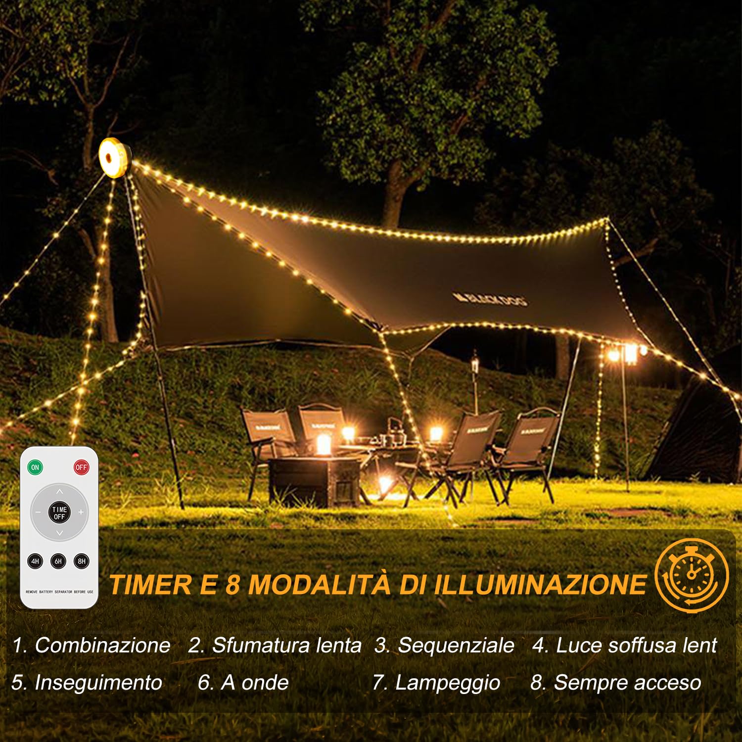 Jsdoin Catena Luminosa LED Da Campeggio 10m Con 8 Modalità, Ricaricabile USB, Power Bank 2000mAh, Impermeabile, Portatile