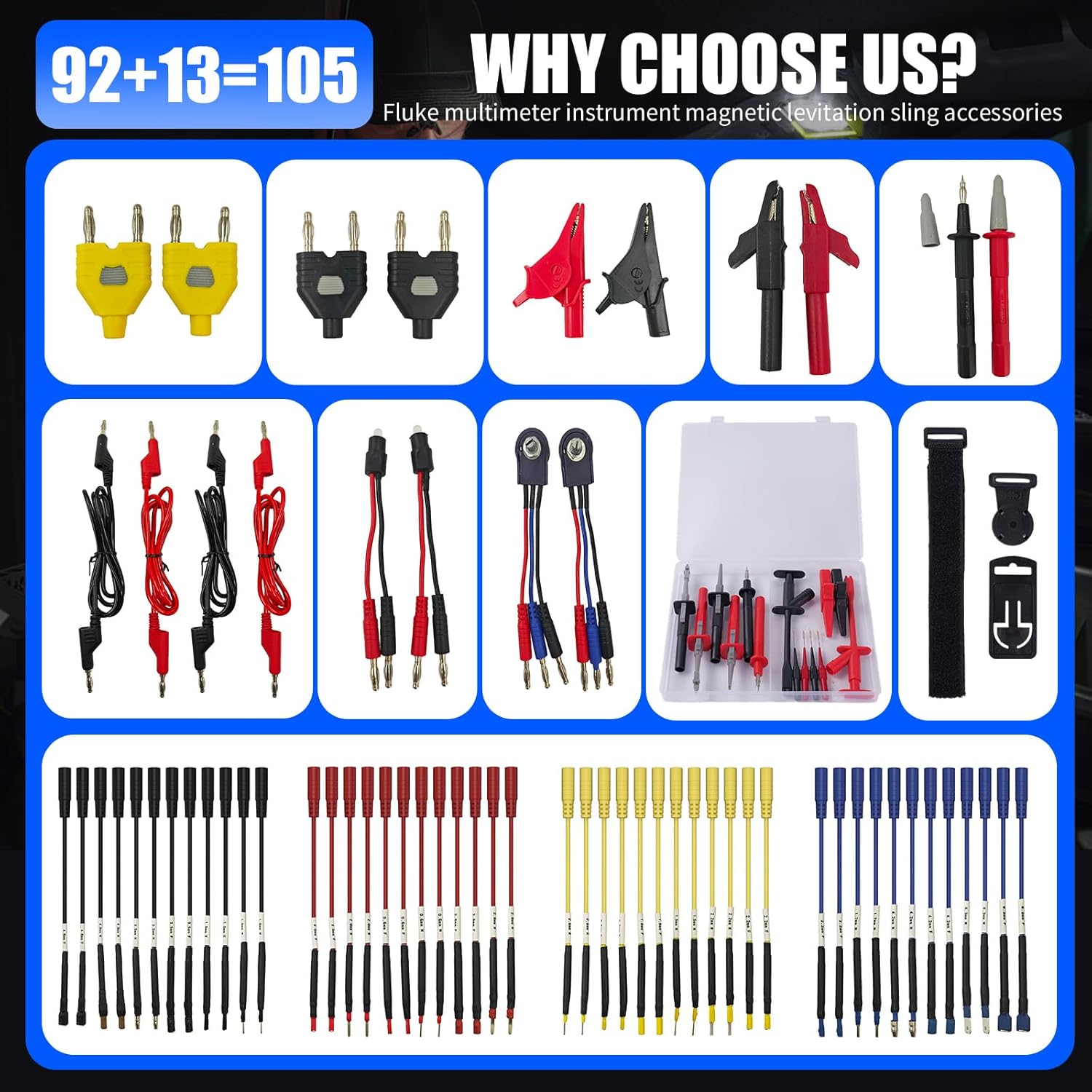 105PCS Multimeter Test Lead Kit with Hanging Loop Strap Magnetic Hanger for Fluke, Automotive Circuit Breakout Probe Kit, Banana Plug Leads & Large Alligator Clips