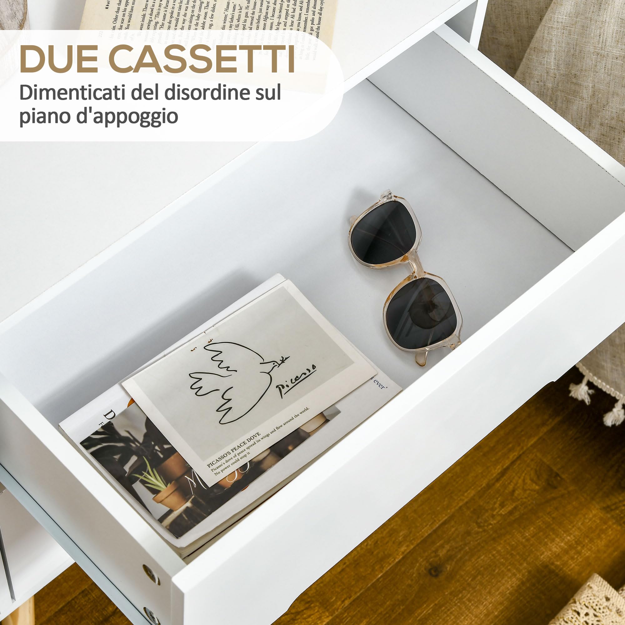 HOMCOM Mesita de Noche con 2 Cajones Patas 50x40x50,5 cm Blanco | Mesilla de Noche Moderno, Patas de Madera, Dormitorio Salón Cama Oficina