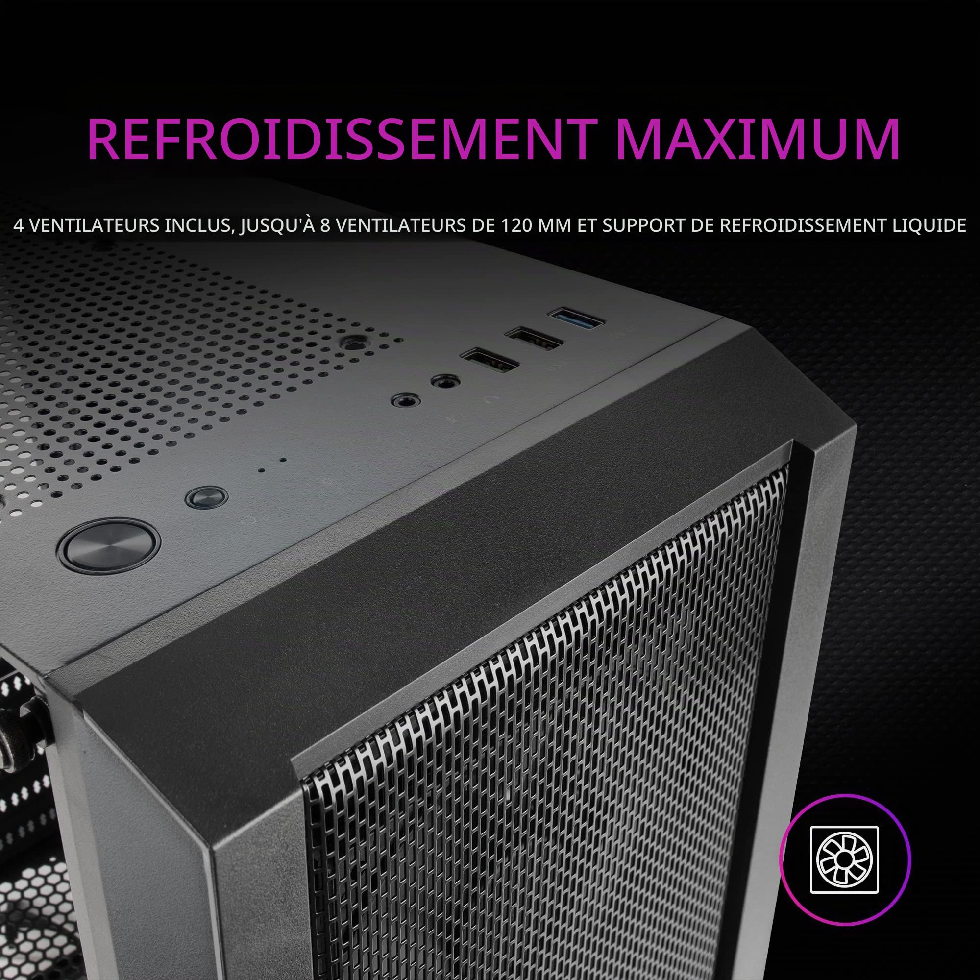 Mars Gaming MC-Master, Boîtier PC ATX, Metal-Mesh Front Panel, Verre Trempé, 4 Ventilateurs Ultra-Silencieux 120mm, Noir