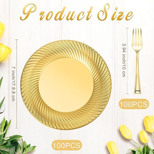 Miniatura 2 de Tioncy Juego de 200 platos de postre de plástico dorado con mini tenedores para 100 invitados, incluye 100 platos desechables de 7 pulgadas, 100