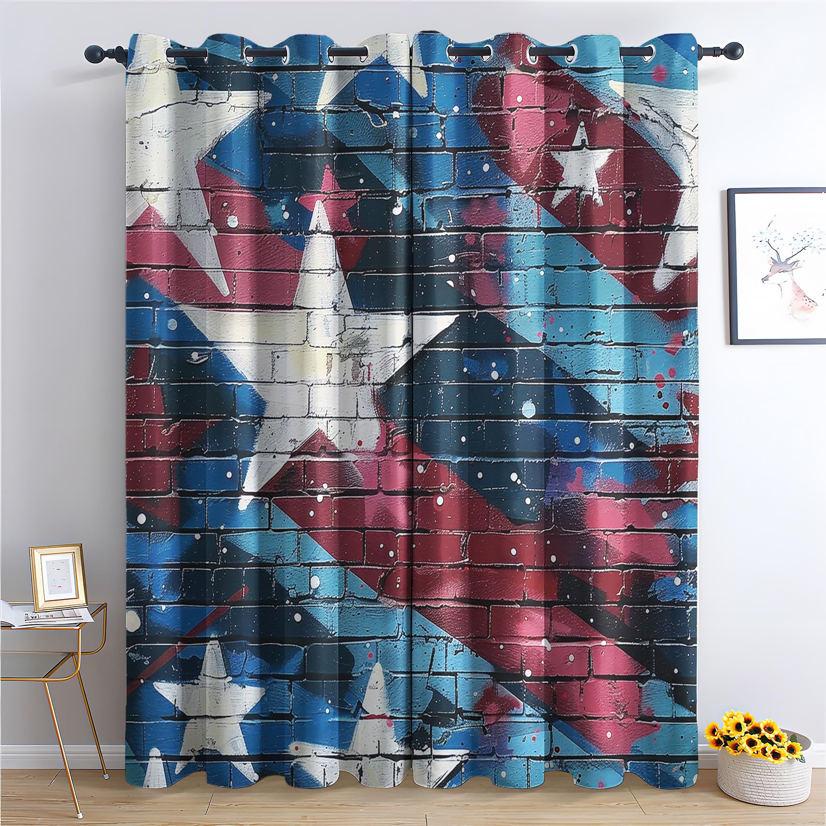 American Flag Curtains for Bedroom Living Room - Red White Blue Blackout Curtains 52 x 84 Inch (Width x Drop), Thermal Insulated Eyelet Curtains & Drapes, Patterned Window Treatments C-#217