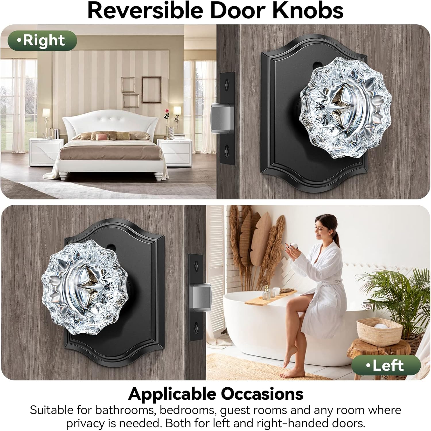 3 Pack Crystal Door Knobs with Lock, Glass Door Knobs Interior for Privacy Use, Black Crystal Door Knobs for Bedroom Bathroom, Vintage Glass Crystal Door Knob Set
