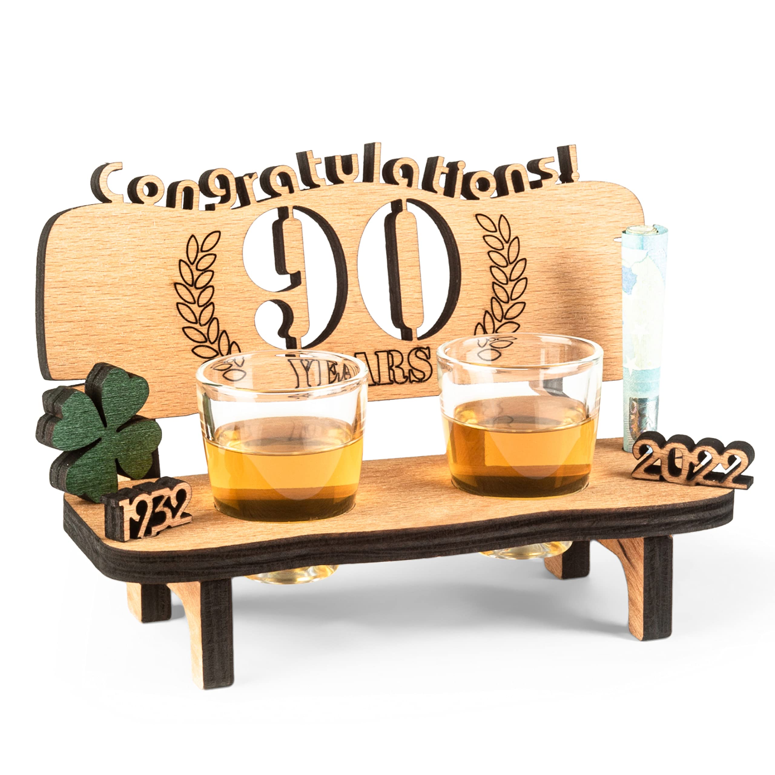 Brynnberg Schnapps Bench with Number 90 Engraved in Wood (Years Available 10-90) - Original, Funny and Emotional Gift for Anniversary or Birthday - 2 Shot Glasses and Wooden Four-Leaf Clover