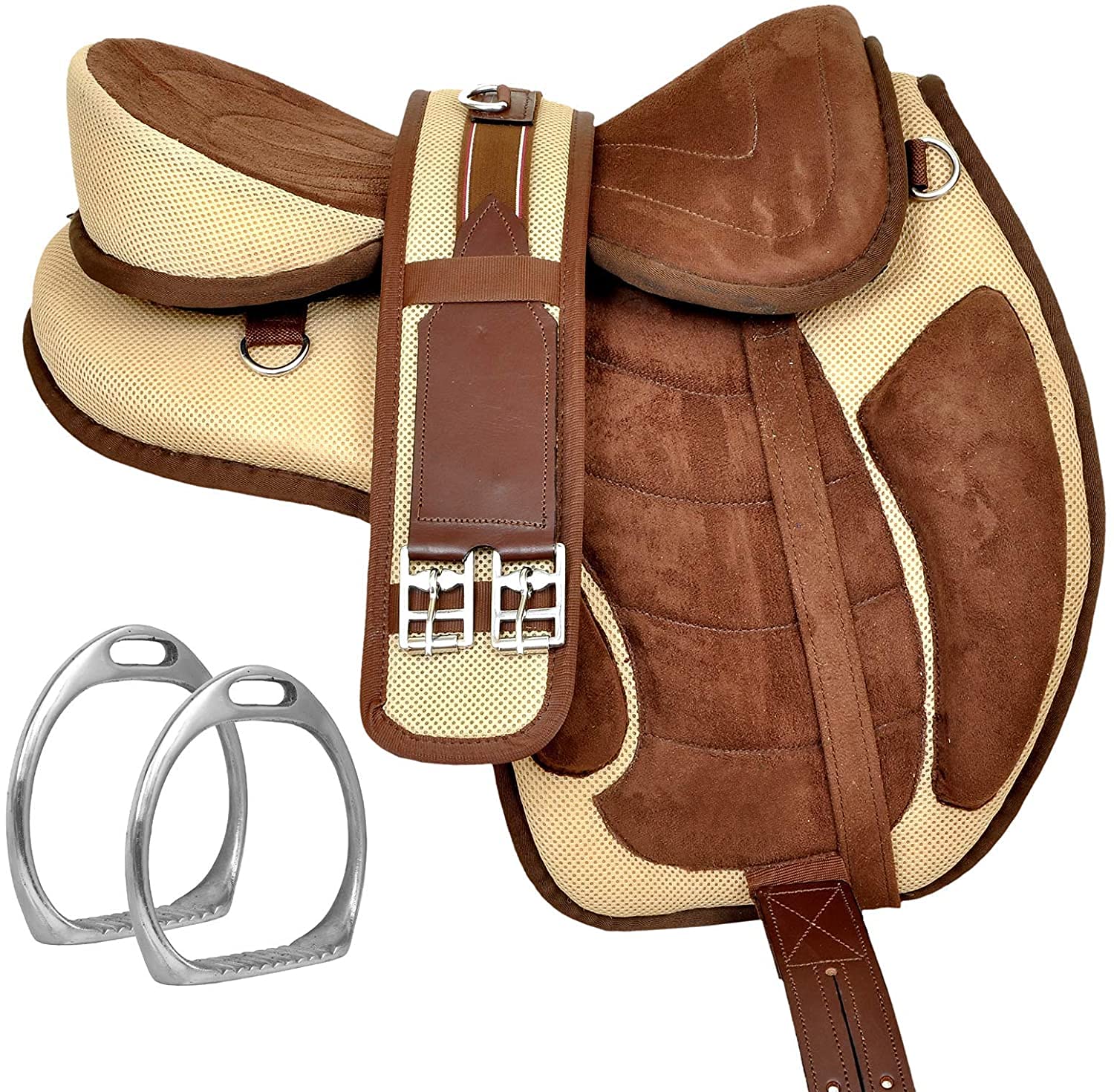 Synthetic Treeless Freemax English Horse Saddle with Matching Girth and Aluminum Stirrups Pair Set (Beige, 15 Inches Seat)