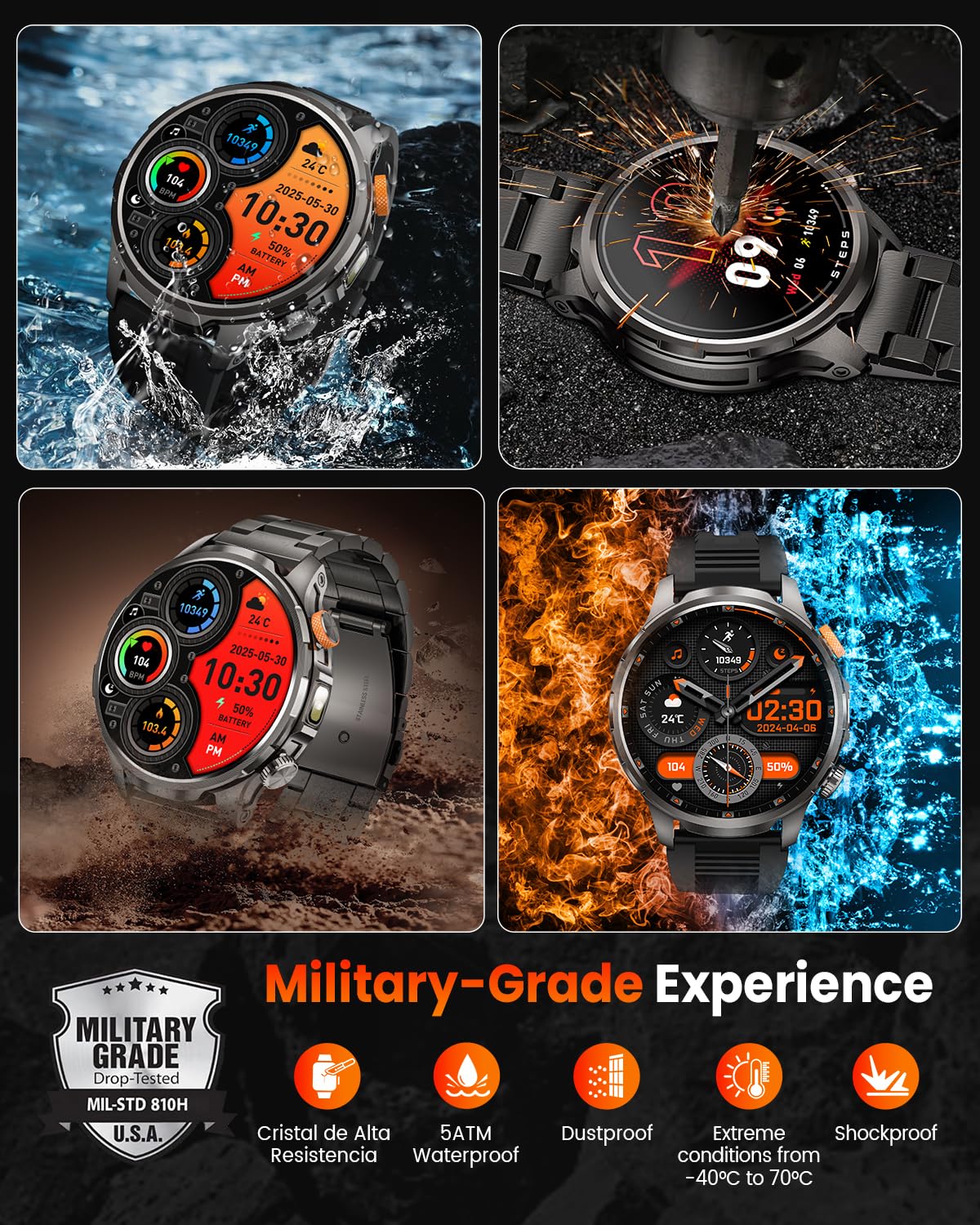 NAIXUES Smartwatch Uomo Militare con 1000mAh/Torcia LED/5ATM, 1,91" AMOLED Smartwatch Fitness con Chiamate/110+ Modalità Sportive/Cardiofrequenzimetro/SpO2/Sonno/Notifiche Messaggi Android iOS Nero
