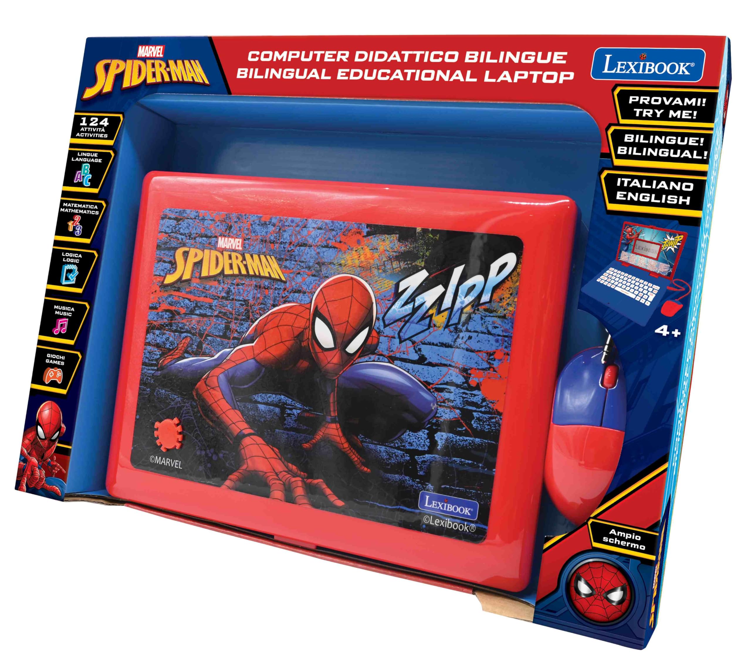 Lexibook - Spider-Man Computer Portatile educativo bilingue Italiano/Inglese - 124 attività per Un apprendimento Divertente e interattivo - Matematica, logica, Musica, Orologio - JC598SPi5LXB