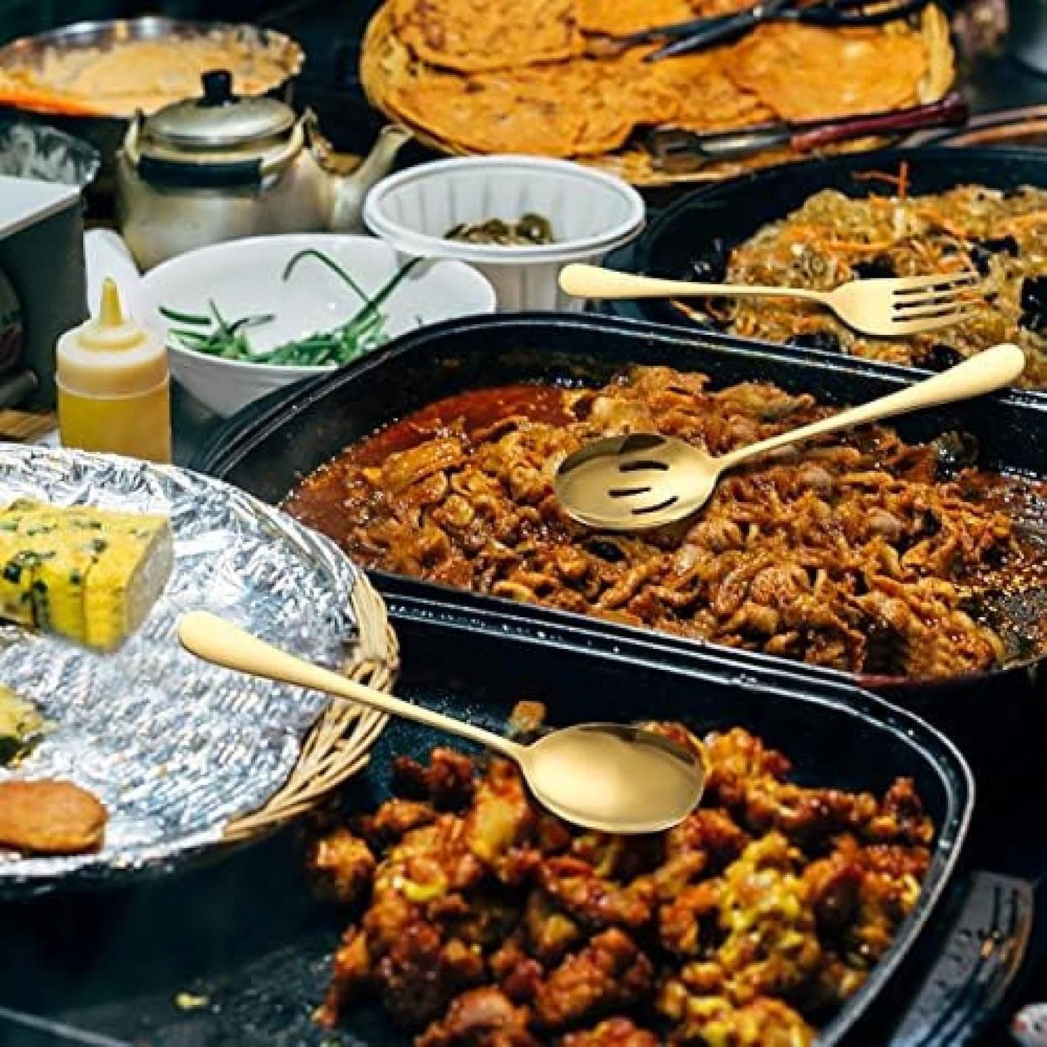 Juego De Cubiertos De 11 Piezas para Servir, Juego De Utensilios De Servir En Oro Rosa Arco Iris Negro, Incluye Servidor De Pasteles, Cuchara De Servir Ranurada para Buffet, A