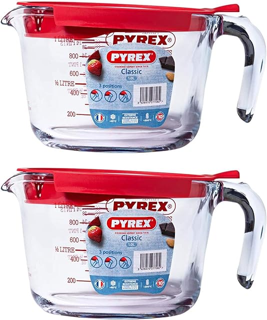 Pyrex Classic Glass Measuring Jug with Lid High Resistance 1.0 Litre Transparent (Pack of 2)