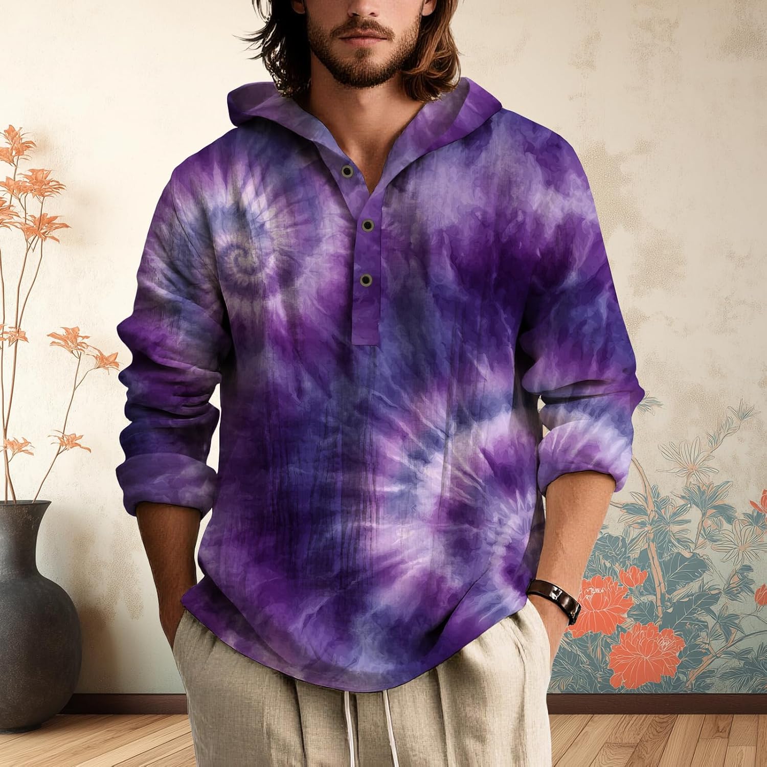 Mens Tie Dye Hooded Long Sleeve Shirt Lightweight Pullover Button Placket Casual Top for Spring Summer Streetwear - Image 4