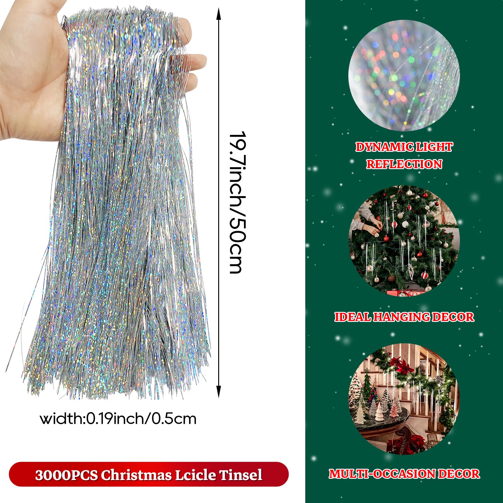 Pack of 3000 Strands Iridescent Silver Christmas Icicle Tinsel Foil Fringes | 19.8 Inches, Christmas Tree Tinsel Curtain Decoration for Indoor Outdoor Winter Home New Year Eve Birthday Party Supplies