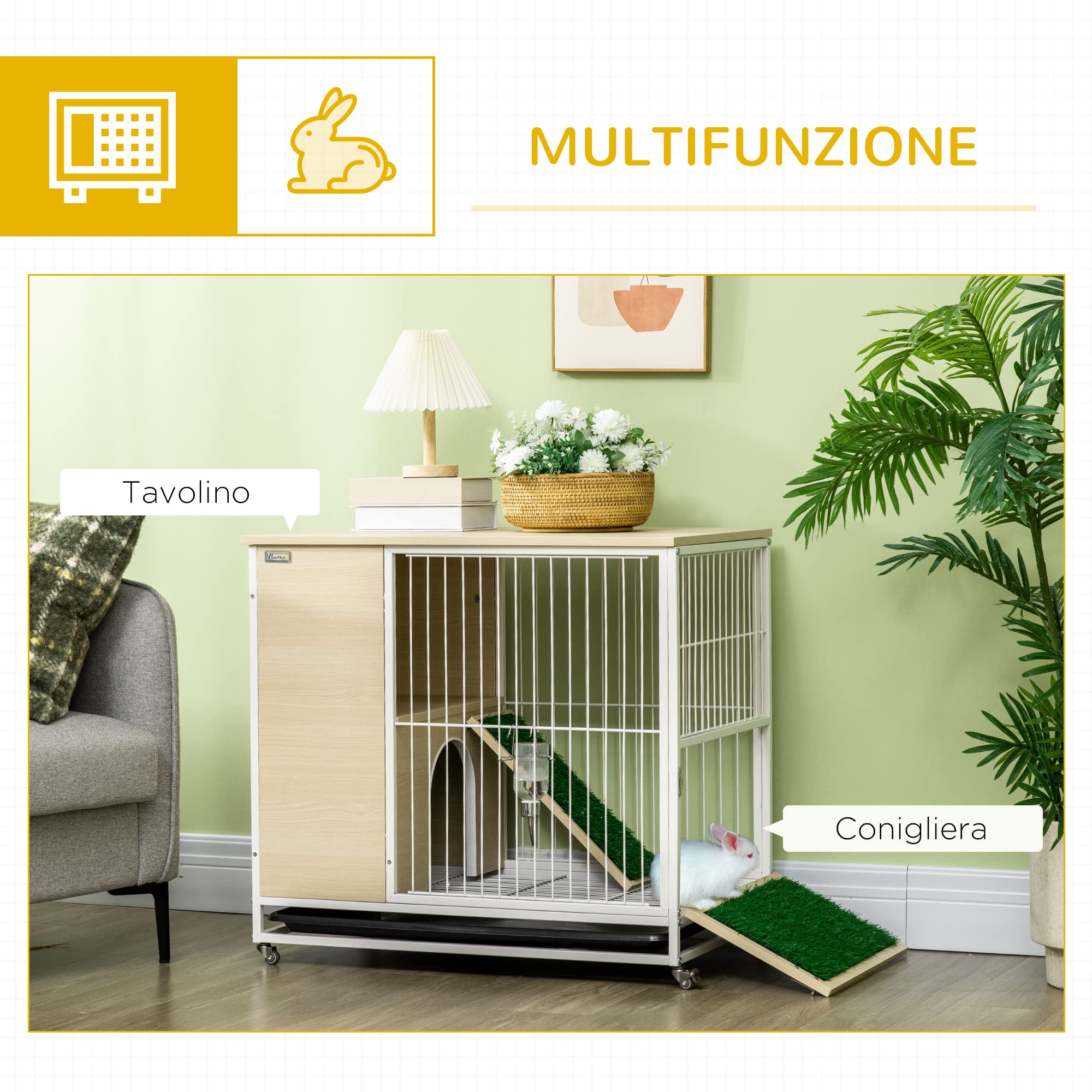 PawHut Gabbia per Conigli Serbatoio d'Acqua Color Rovere 78x52.5x76.5 cm | Vassoio Estraibile, Tavolino da Salotto, in Truciolato Acciaio e PVC