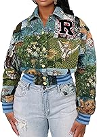 KANSOON Women's Floral Varsity Bomber Jacket - Textured Cropped Letterman Coat Snap Buttons Long Sleeve