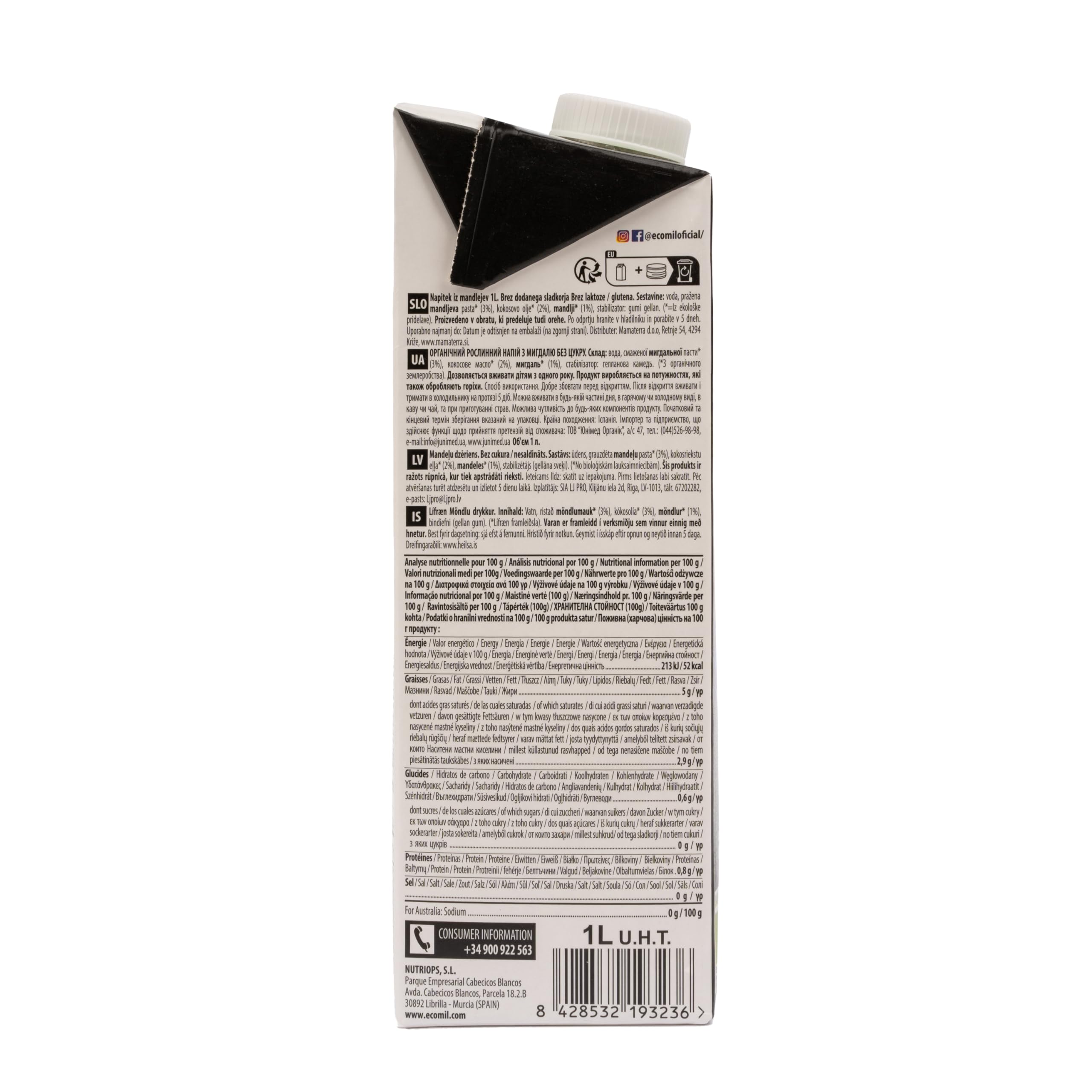 Ecomil - Bebida Vegetal de Almendras, Pack 6 x 1 Litro, Fruto Seco Ecológico, Sin Gluten, Sin Azúcares Añadidos, Apta para Dietas Keto y Veganas