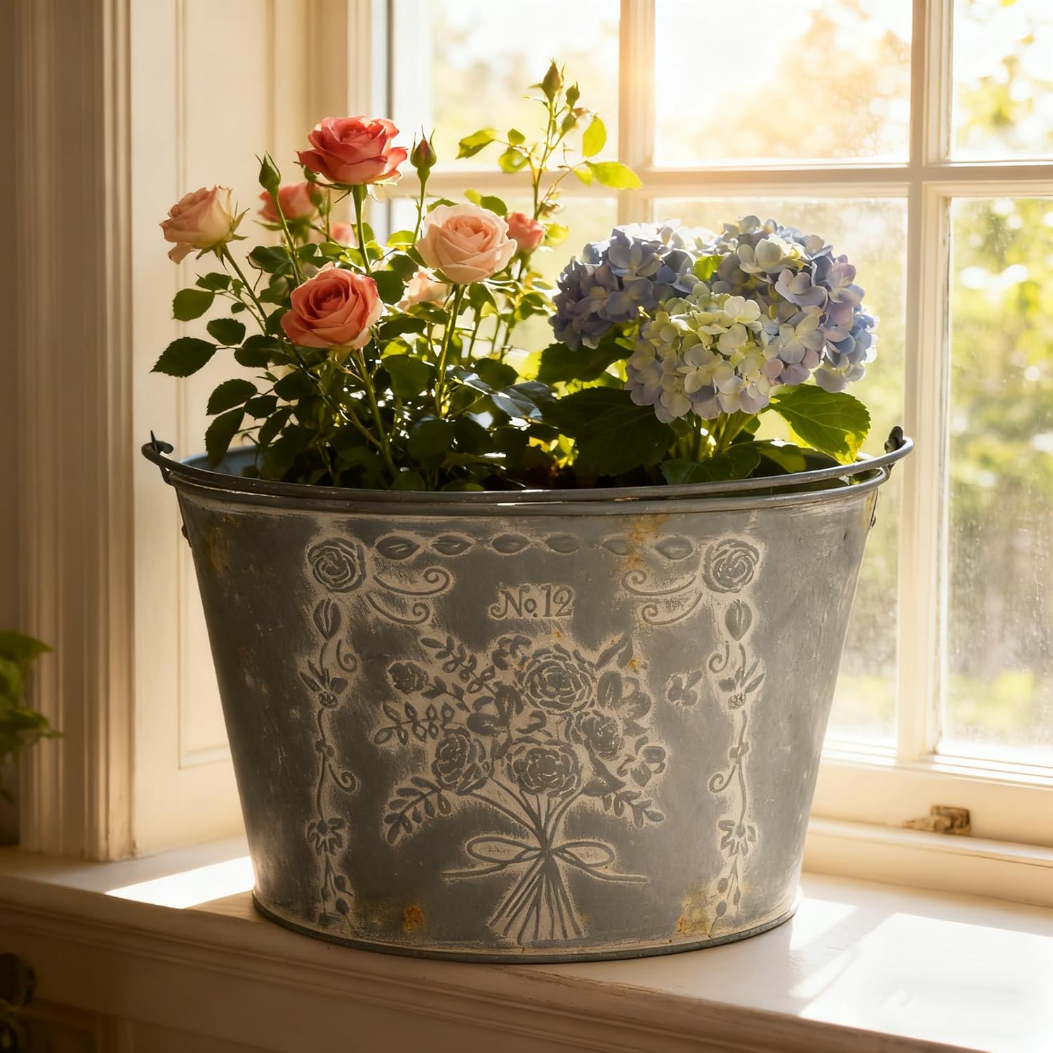 Vintage Embossed Metal Planter Pot with Handle, Rustic Farmhouse Flower Bucket, 11.81" Decorative Garden Pot for Indoor Outdoor Plants, Succulents, Herbs, Home Decor Accent