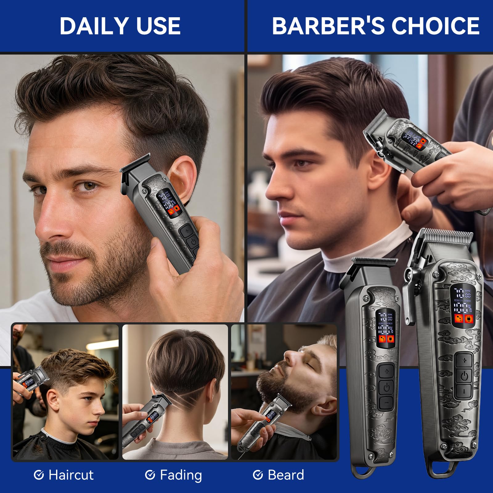 Hatteker Haarschneidemaschine Haarschneide-Kit Herren Bartschneider Clipper Set T-Blade Trimmer Schnurloses Grooming Kit LED-Display USB Wiederaufladbar (Grau)