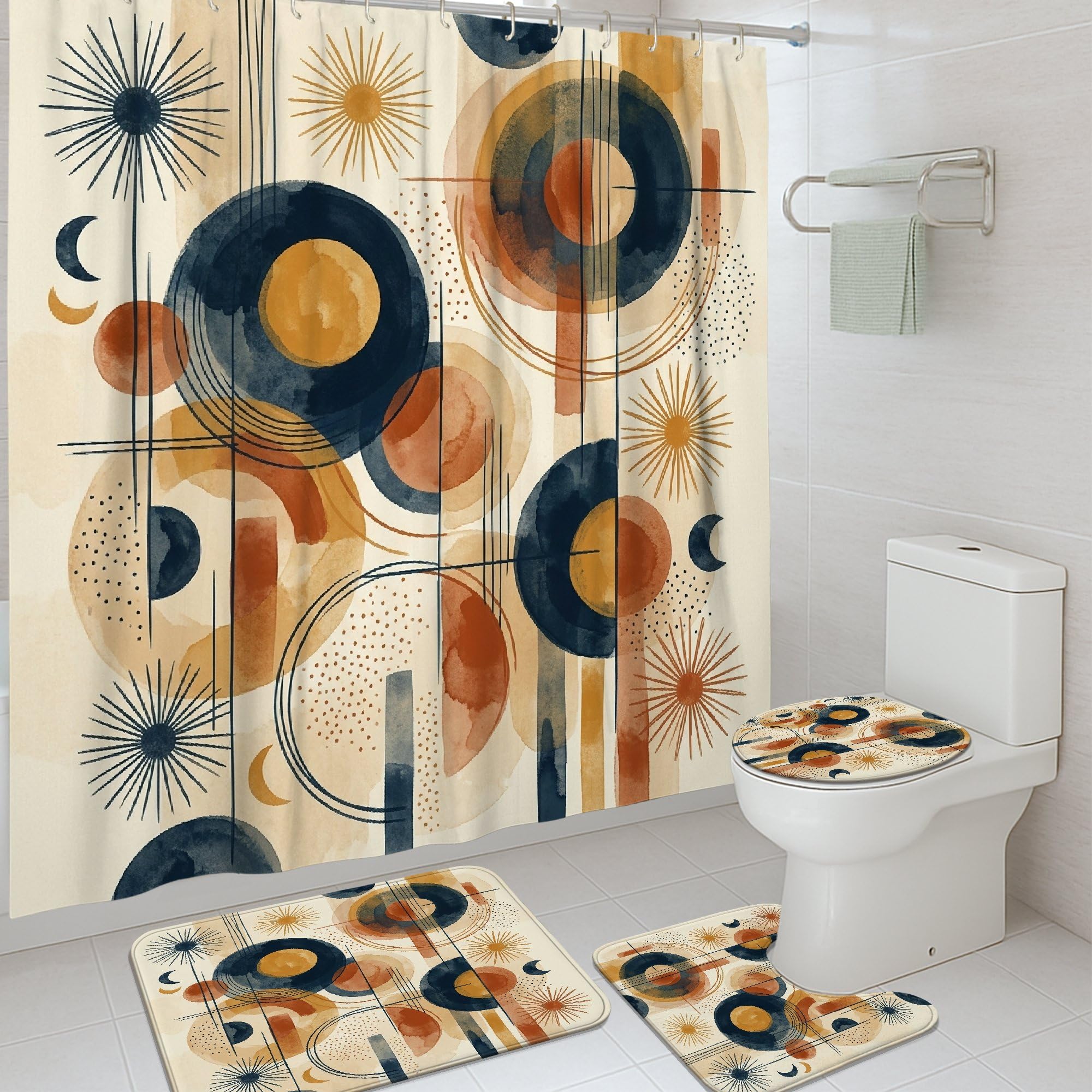 Rideaux de douche abstraits motif étoiles d'automne avec tapis assorti lavable haute densité