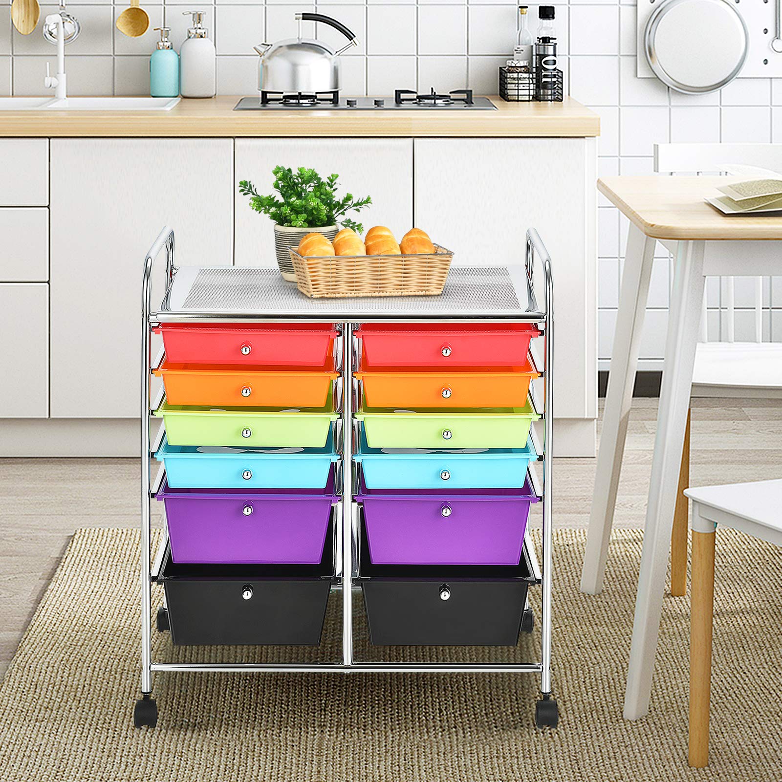 GOPLUS - Carro de almacenamiento con ruedas de 12 cajones, marco de acero, para dormitorio, oficina, 64 x 38 x 75 cm, color negro