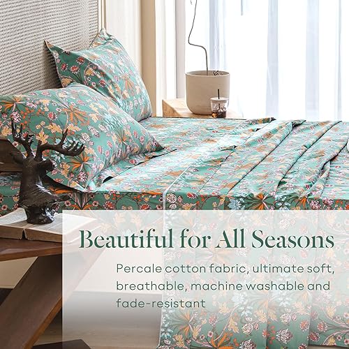 Miniatura 9 de Lady Ann Juego de sábanas 100% algodón floral tamaño King con bolsillo profundo, vibrantes flores Paisley impresas en patrón verde, sábanas de cama