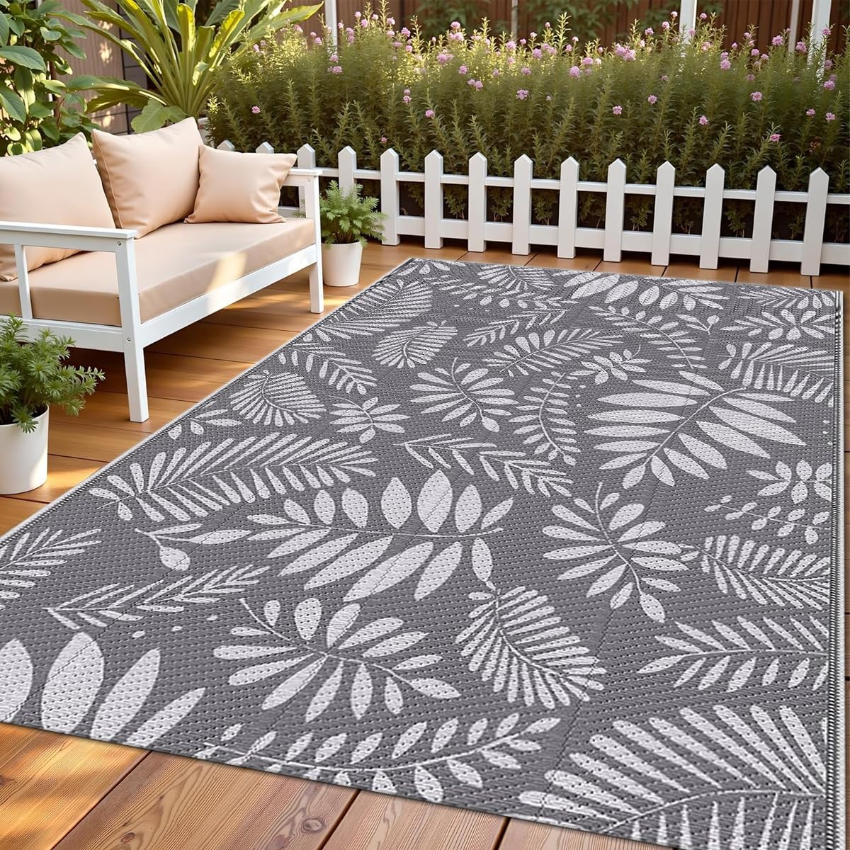 Hiseng Tapis d'extérieur Imperméable Terrasse Balcon, Tapis de Sol Réversible en Plastique Résistant aux UV Pliable pour Jardin, Camping, Pique-Nique, Motif Herbes Sauvages (Grise,183x274cm)