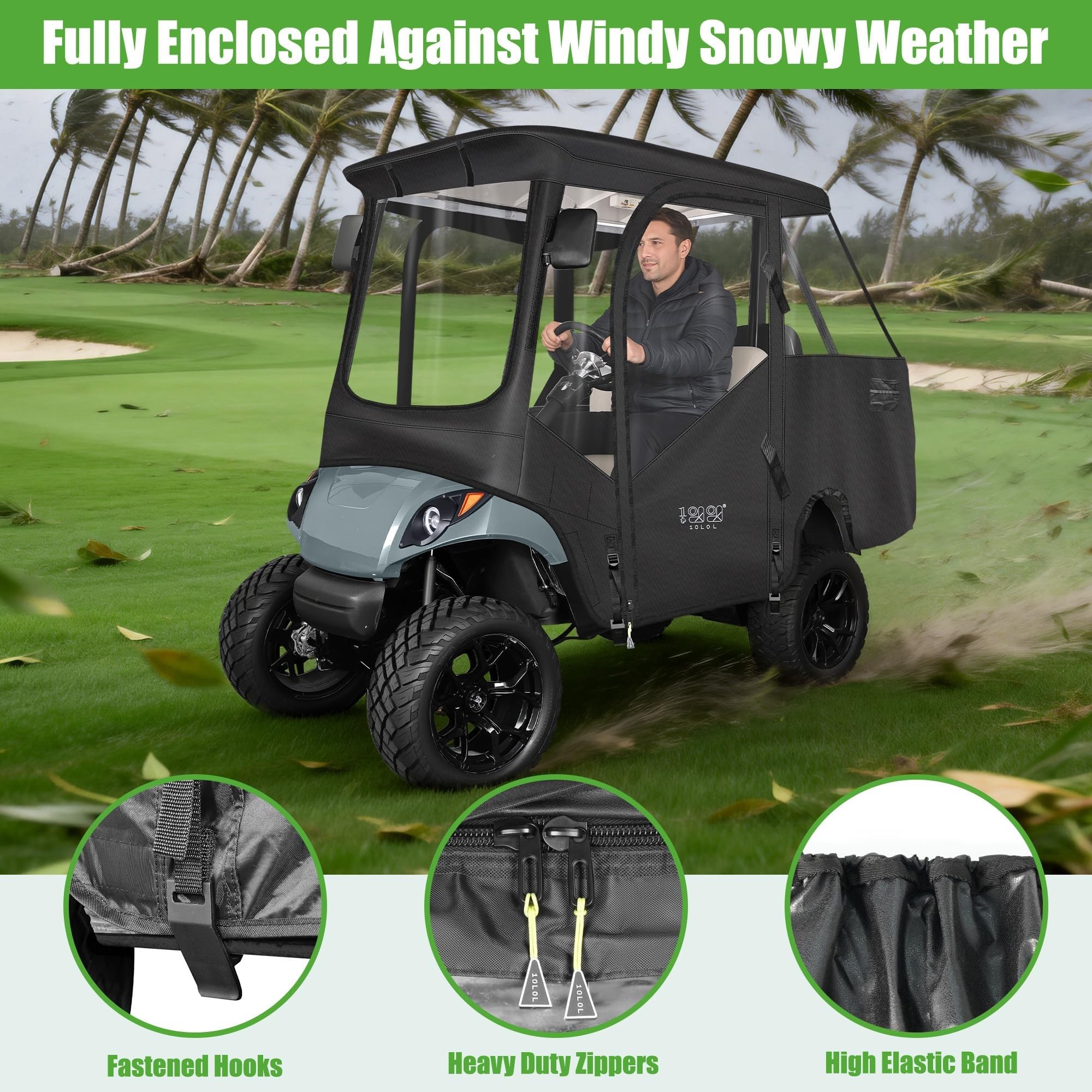 10L0L Obudowa wózka golfowego dla 4 pasażerów pasuje do Yamaha G29 Drive and Drive 2, 600D Heavy Duty 4-osobowa osłona przeciwdeszczowa Yamaha z przezroczystą przednią szybą PCV, wodoodporna tkanina
