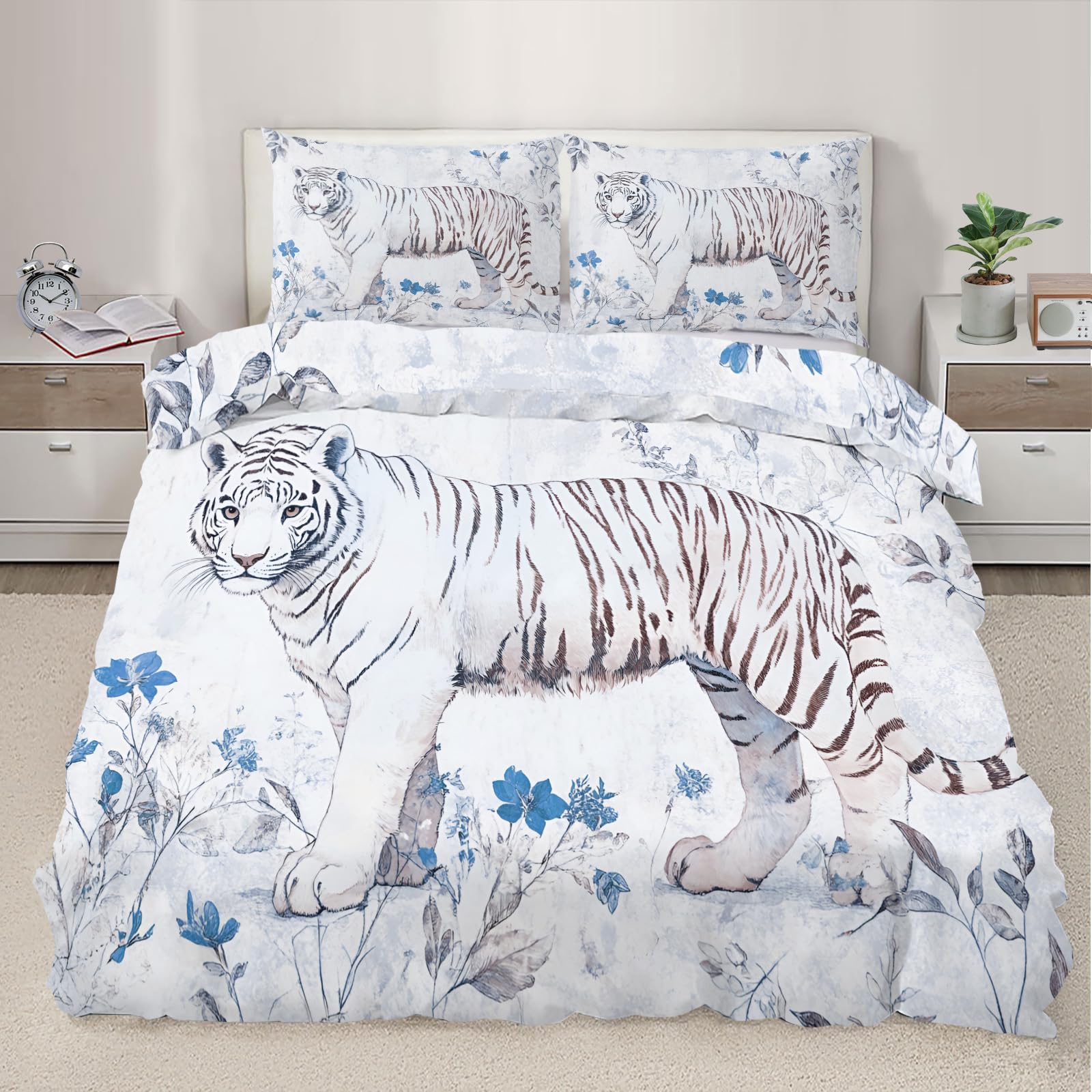 QDJKBL White Tiger Duvet Cover Wild Tiger Comforter Set Watercolor Wildlife Comforter Cover King Duvet Covers Forest Floral Animal Bedding Set for Bedroom With Zipper Closure