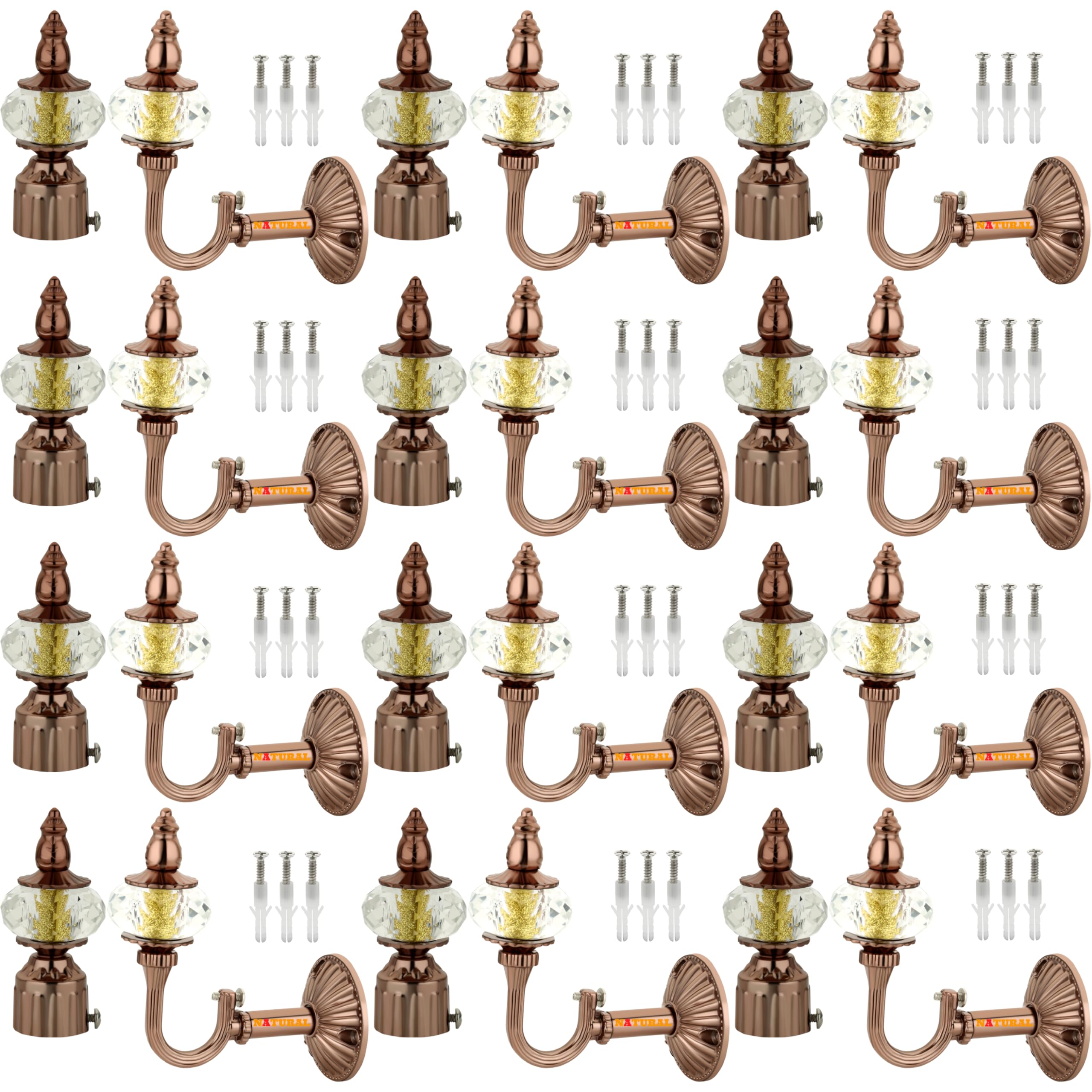 NATURAL Heavy Duty Aluminum Royal Luxury Design Curtain Bracket/Finial and Curtain Support with Screw/Wallplug for Window & Door Curtain Fittings Suitable Upto 1 Inch Pipe. (12 Set, Rose Gold)