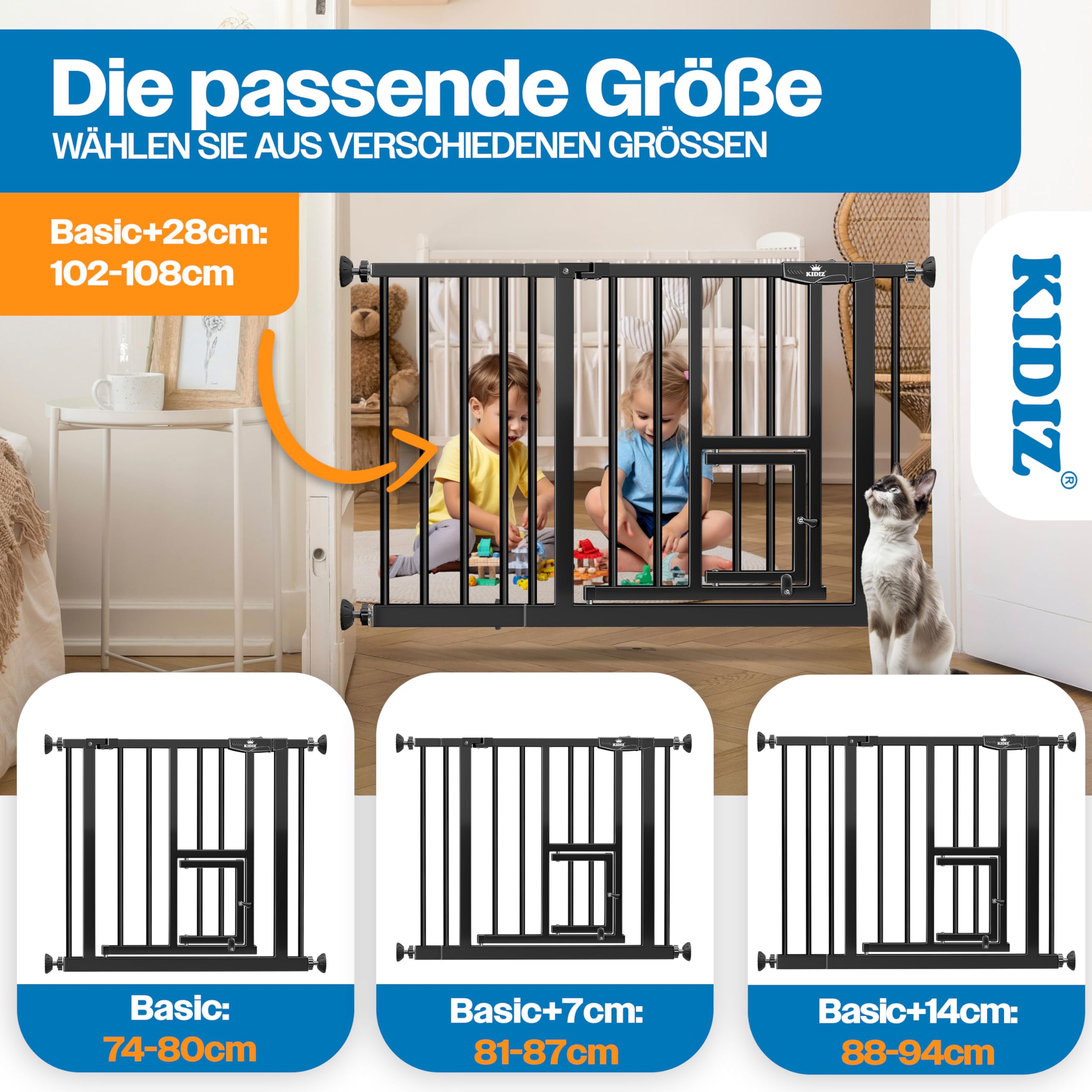 KIDIZ® Cancelletto di Sicurezza per porte, Cancelletto per Bambini, con Porta per Cani e Gatti, senza foratura, espandibile, combinabile con i mandrini a Y, girevole, 74-87 cm - Nero